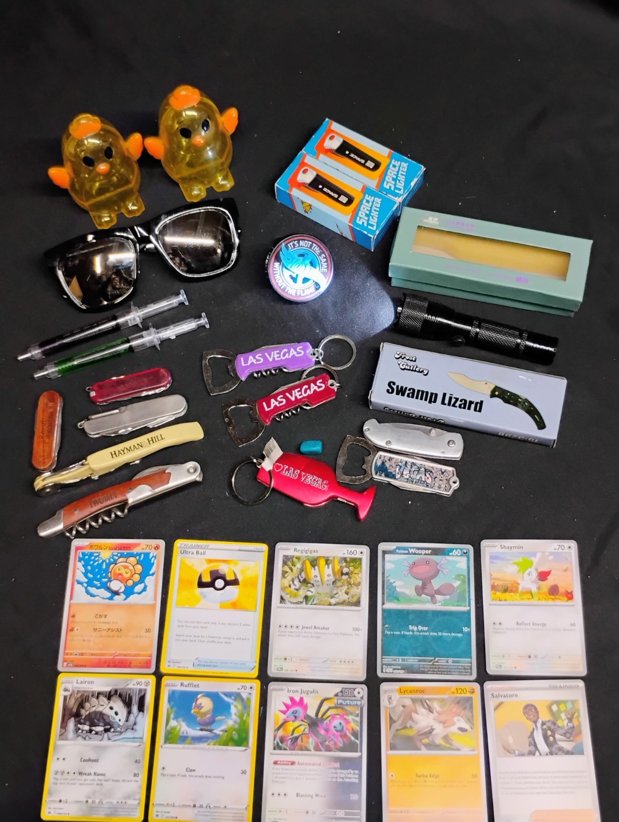 Collectible Junk Drawer Lot Pokémon Hot Wheels Las Vegas Led Knife Space Lighter