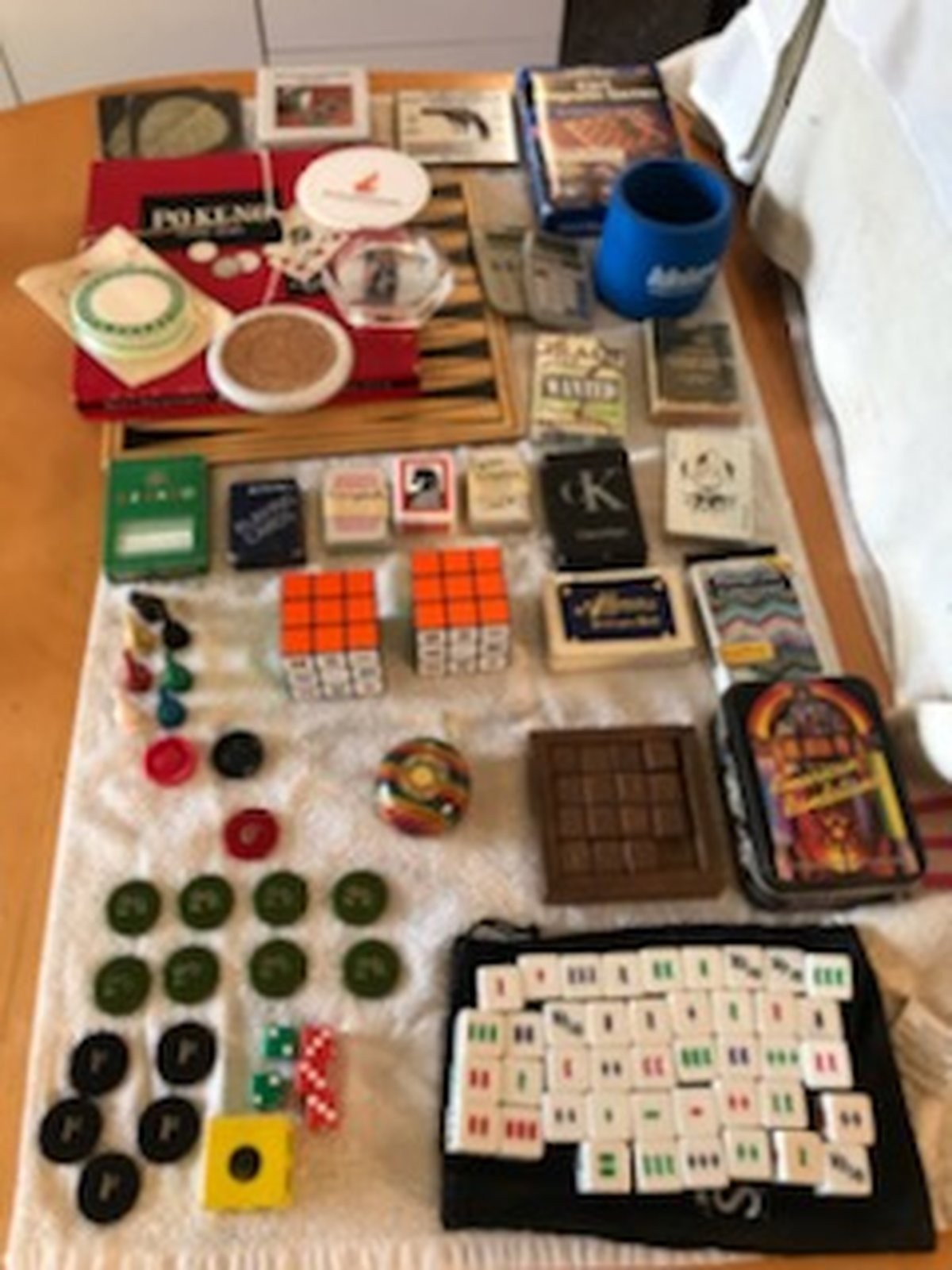 VINTAGE JUNK DRAWER LOT Cards, Board Game, Dice, Hand Games, Coasters, more