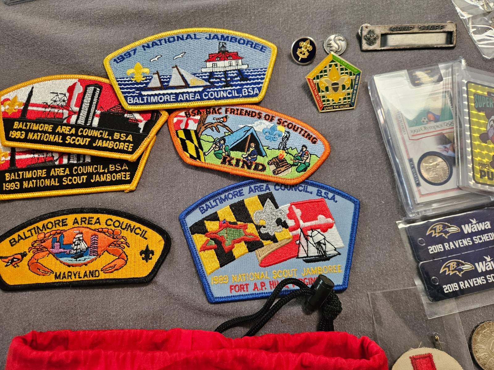 Grandpas Old Junk Drawer Lot of Coins Patches Pin Ups Cards Collectibles Etc