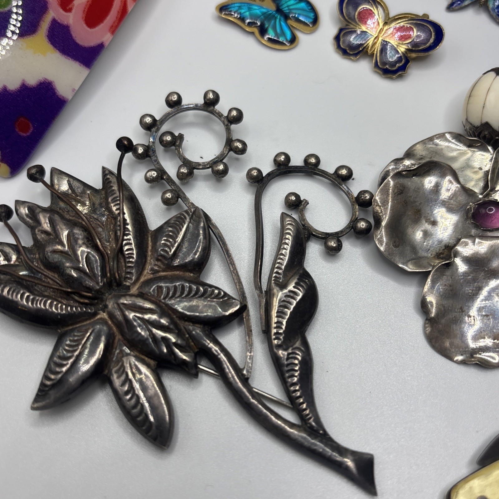 Asian Box Lot Of Collectibles- Silver, Brooches, Etc. Nice Lot!