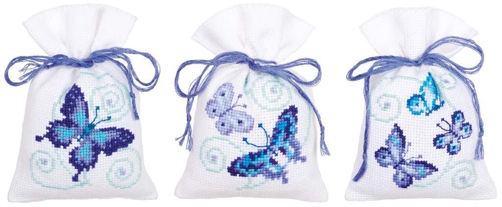 Vervaco Cross Stitch Bag Kit Blue Butterflies (Set of 3) 3.2″ x 4.8″