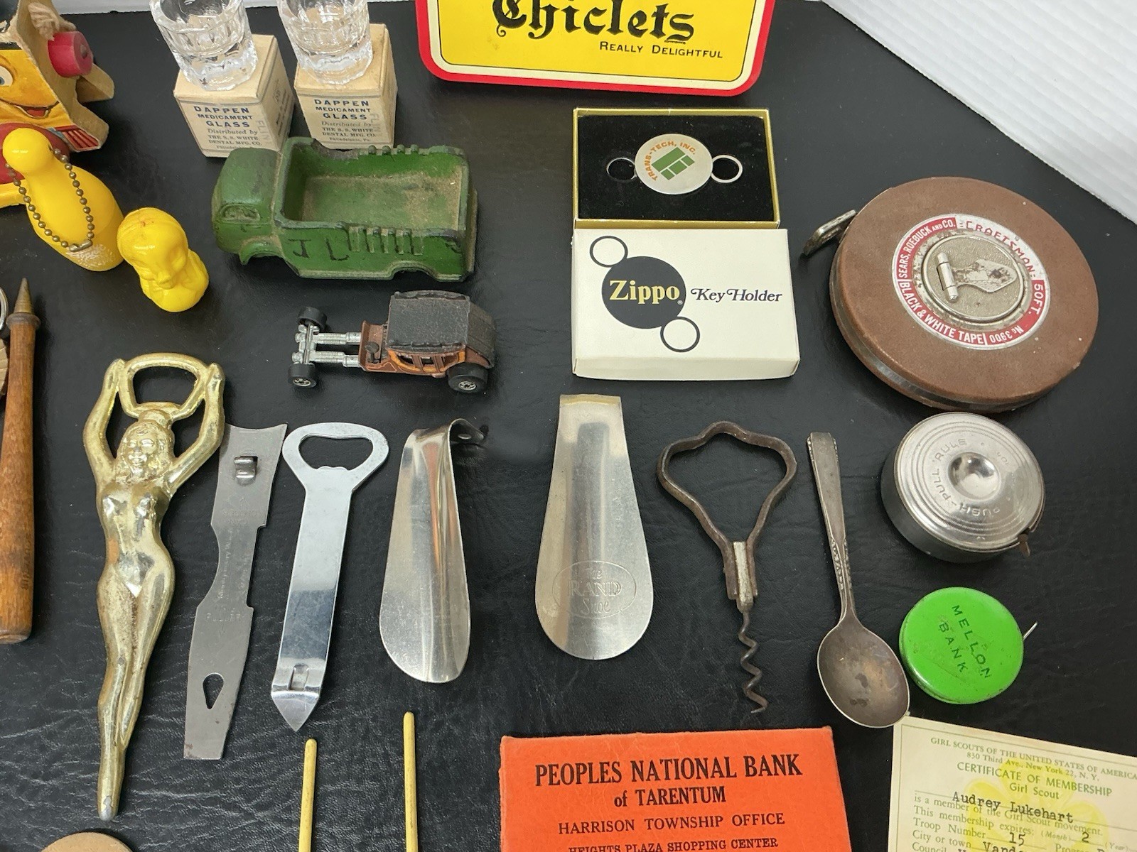 Vtg Junk Drawer Lot Skeleton Clock Key Bell Zippo Toys Tape Measure Opener Pins