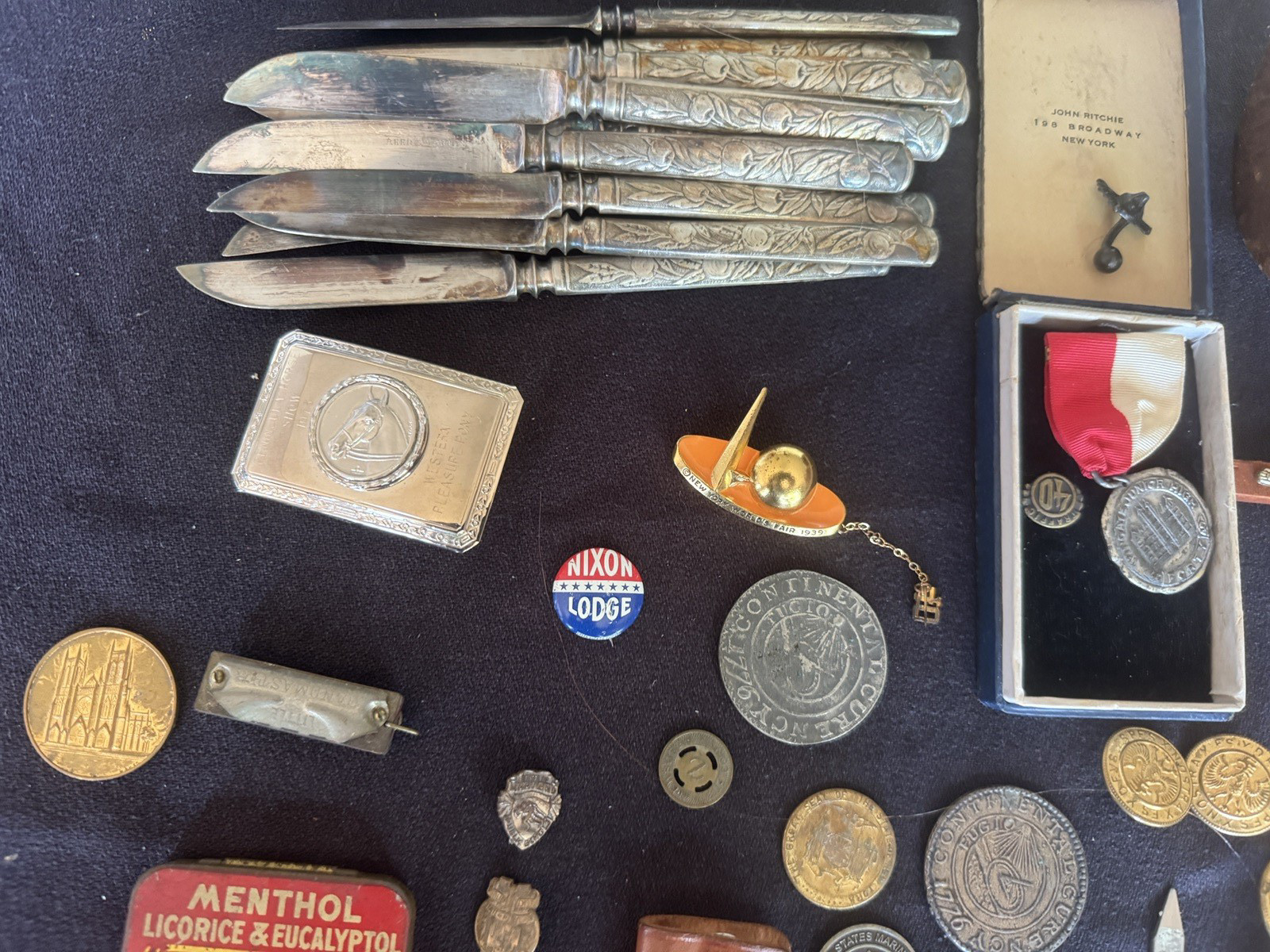 Mens Vintage Junk Drawer Advertising Pencils Worlds Fair Pin Tin Harmonica Coins