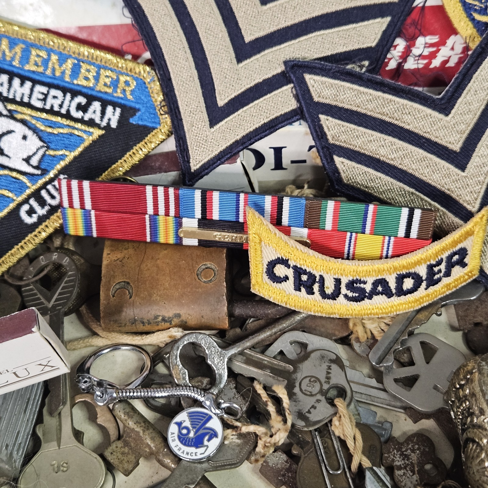 Huge VTG Junk Drawer Lot Skeleton Keys Cigar Box Bakelite Ertl Hammock Cars More