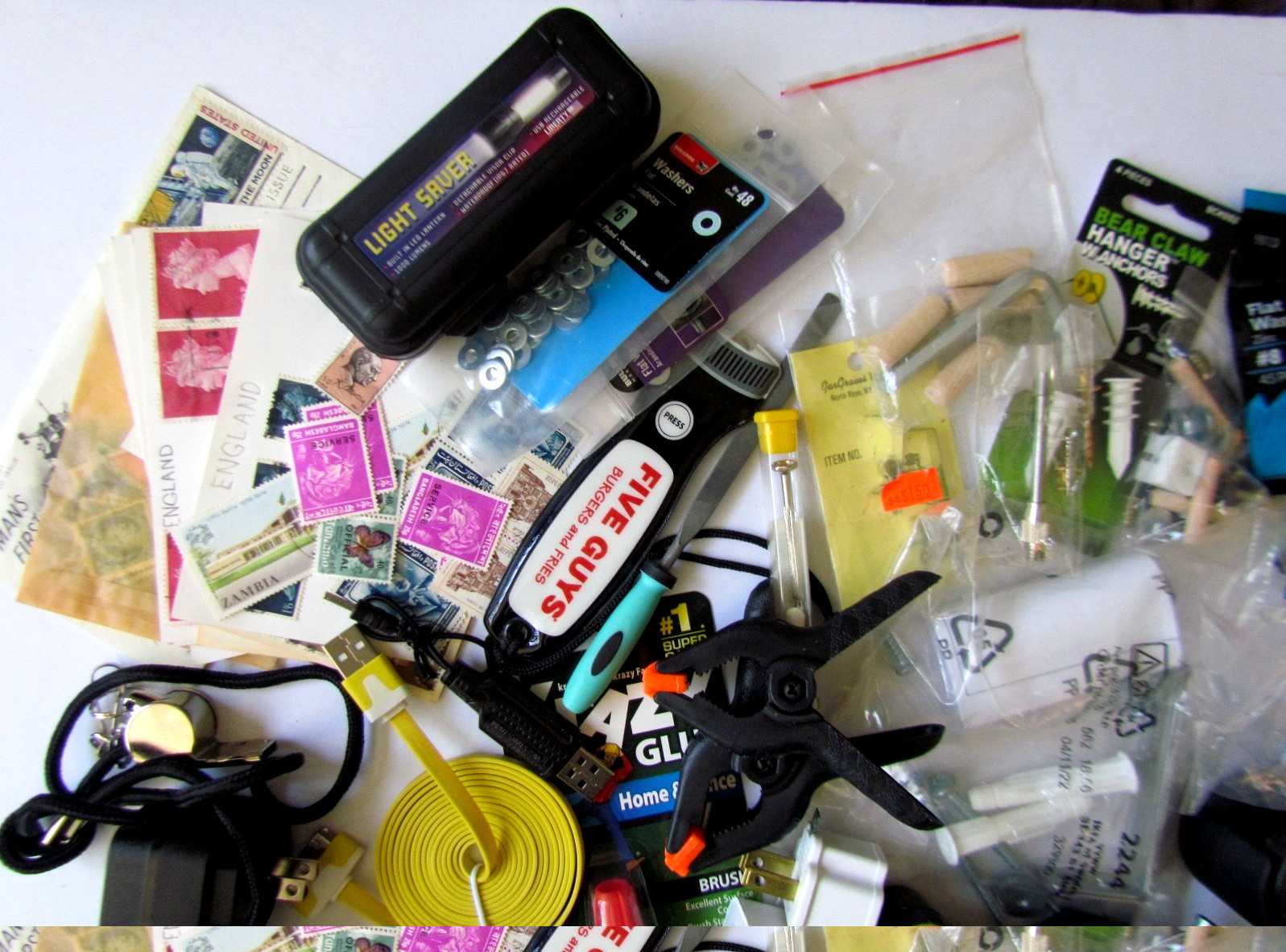 JUNK DRAWER LOT – 4+ lbs. – Coins, Stamps, Guitar Strap, jewelry. harmonica,etc.