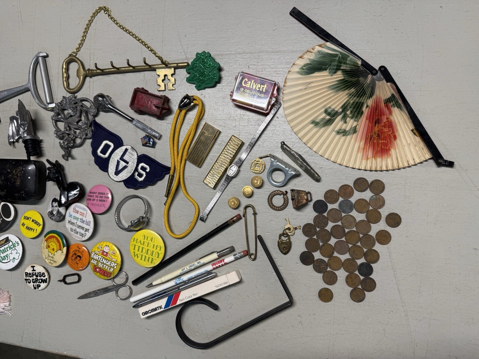 Vintage Estate Junk Drawer Lot #1 Coins, Pins, Pens & more