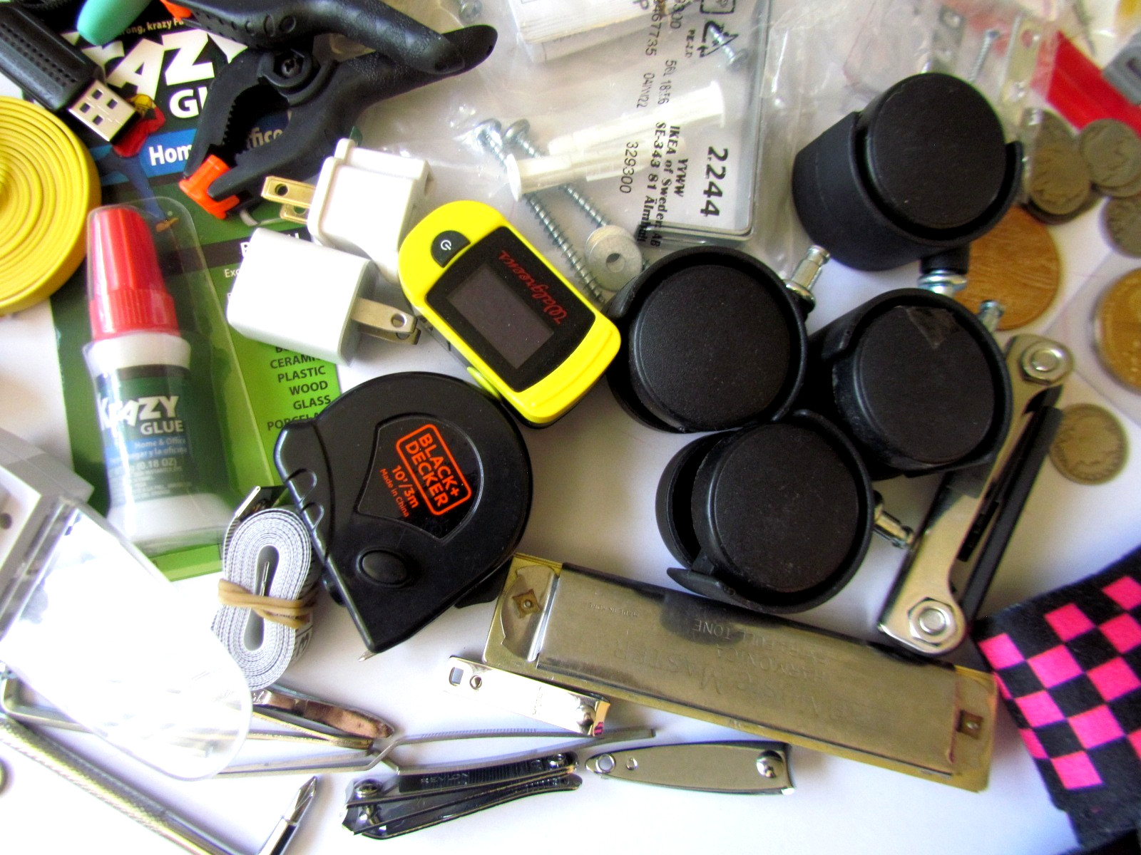 JUNK DRAWER LOT – 4+ lbs. – Coins, Stamps, Guitar Strap, jewelry. harmonica,etc.