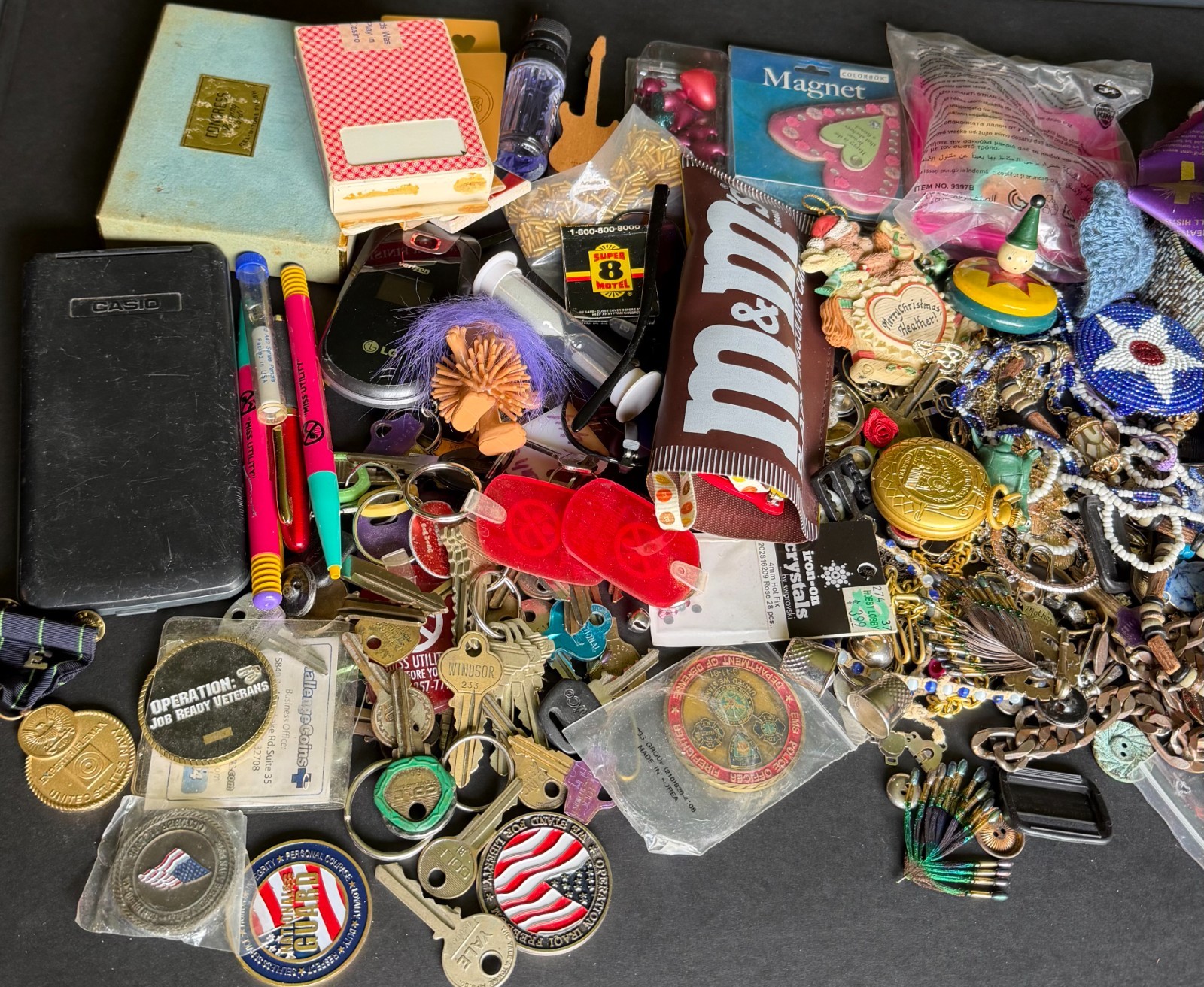 Vintage Junk Drawer Lot Estate Finds Jewelry Keys Buttons Military ect