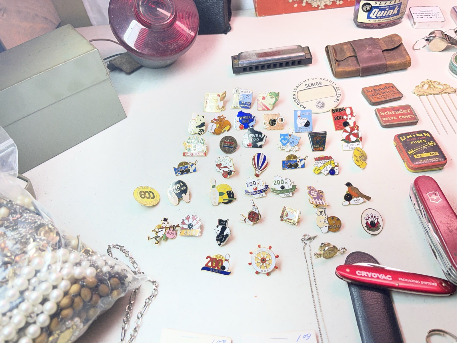 VINTAGE JUNK DRAWER LOT KNIVES, HARMONICA JEWELRY ADVERTISING SCOUTS WHEAT PENNY