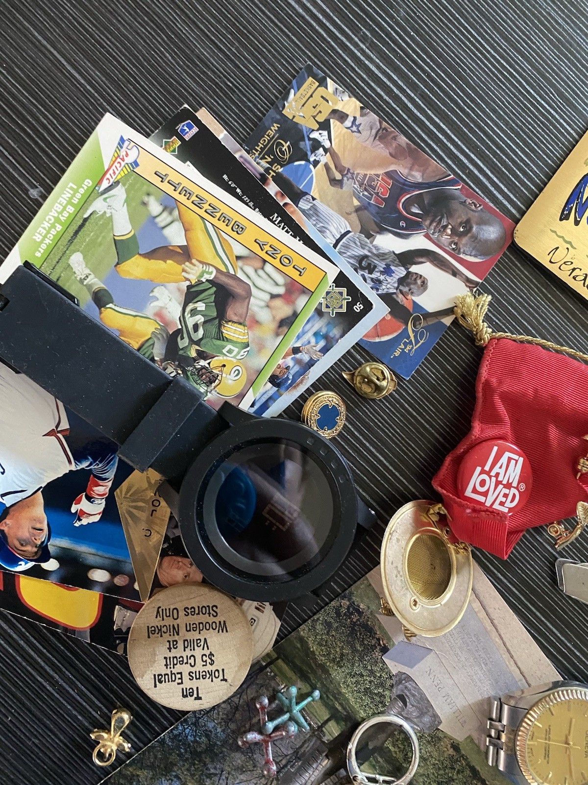 Vintage Estate JUNK DRAWER Lot Watches Lapel Pins Spoon Magnets Baseball Cards