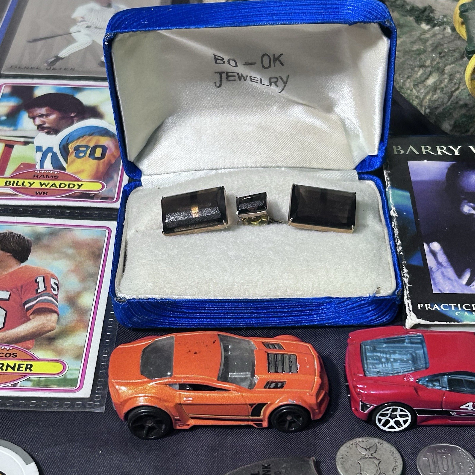 Vintage Junk Drawer Lot Sports Cards Coins John Deer Games Golden Retriever Cars