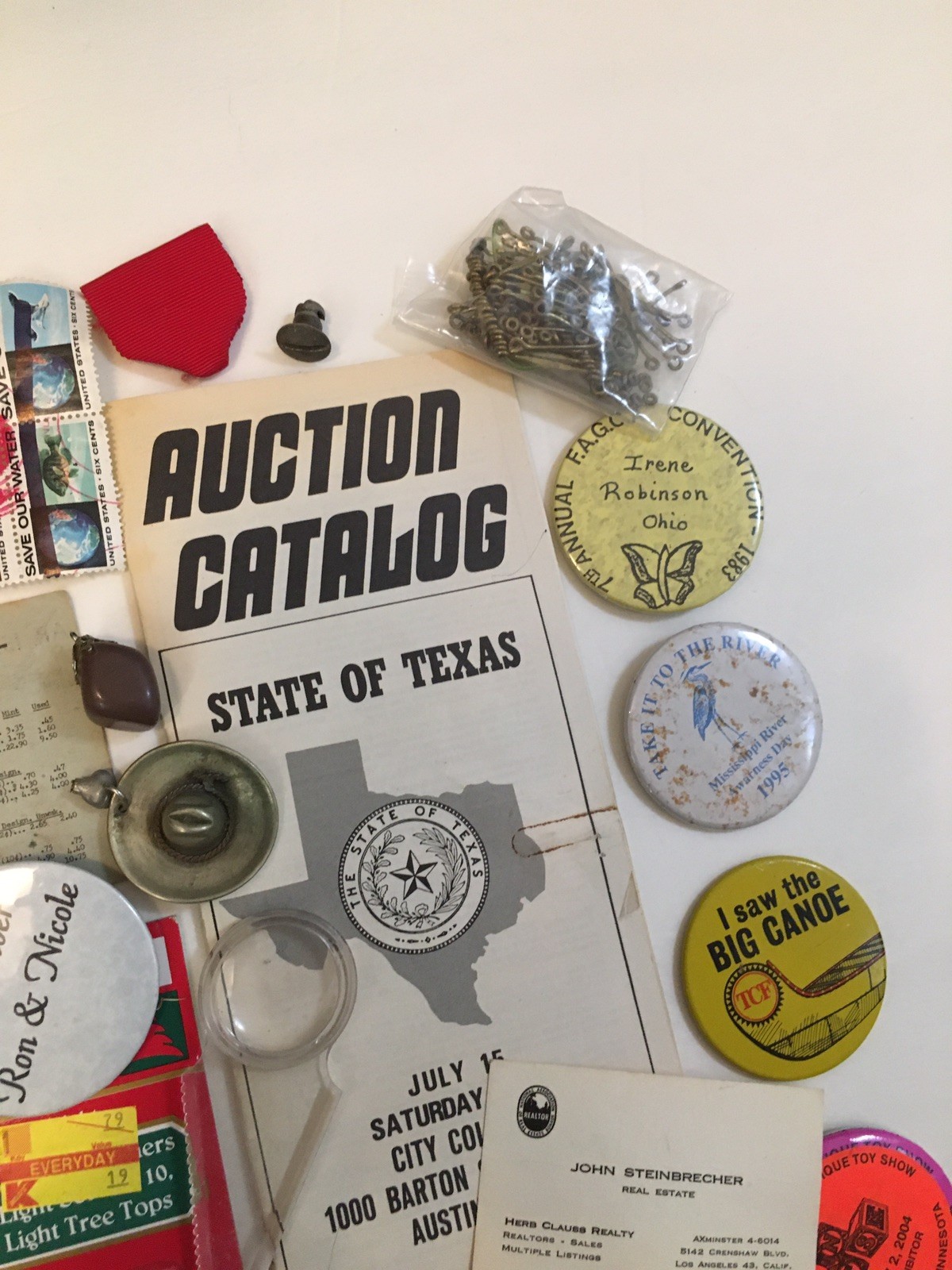 Vintage Junk Drawer Lot Ephemera Pinback Buttons Texas Auction Catalog Songbook
