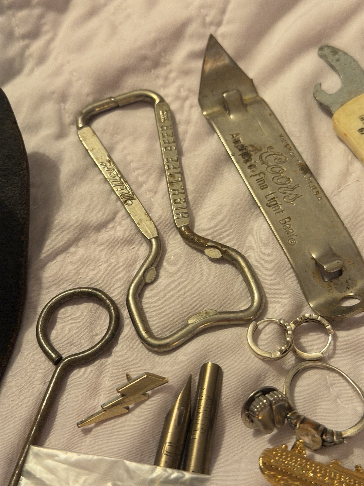 VTG Collectibles Lot: Coins, Pins, Watch, Knife, Shark teeth, junk drawer +++