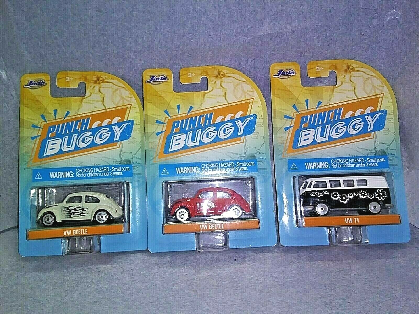 Jada Punch Buggy 3 Lot VW Beetle Red VW Beetle White VW T1 Diecast 1:64 Scale