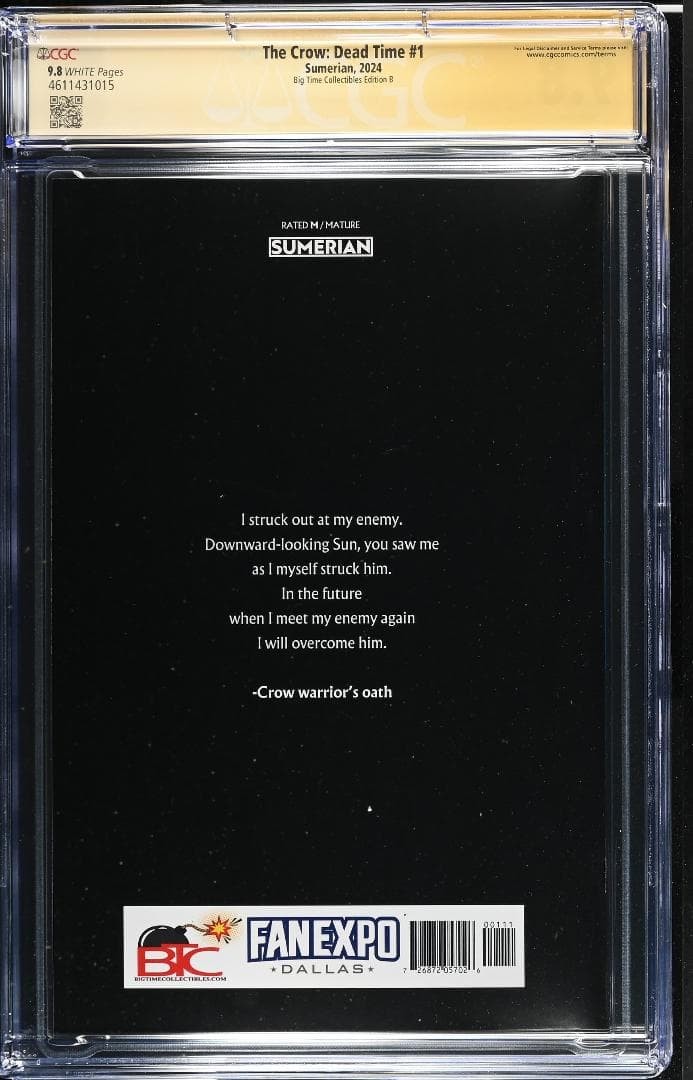 The Crow Dead Time 1 CGC 9.8 Signed by James O’Barr Comic Book