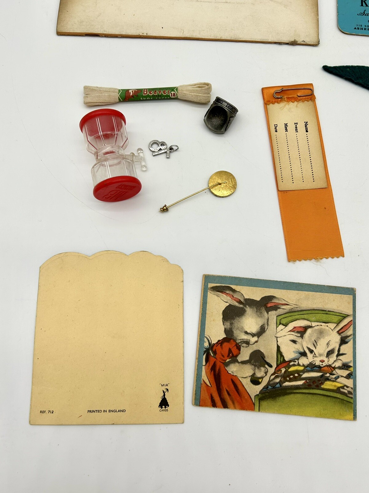 Junk Drawer Of Vintage Items Cards Ribbons Pennant Ring Hat Pin Charm