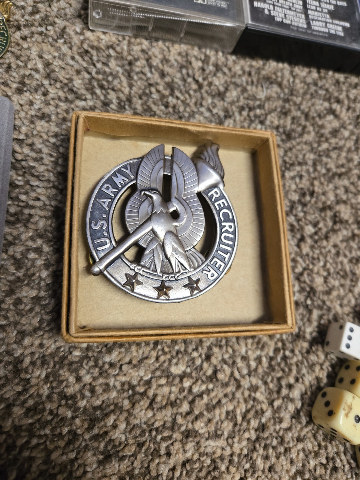 Grandpa’s Junk Drawer Lot of Vintage Collectibles Cards Dice Army Medals Tapes