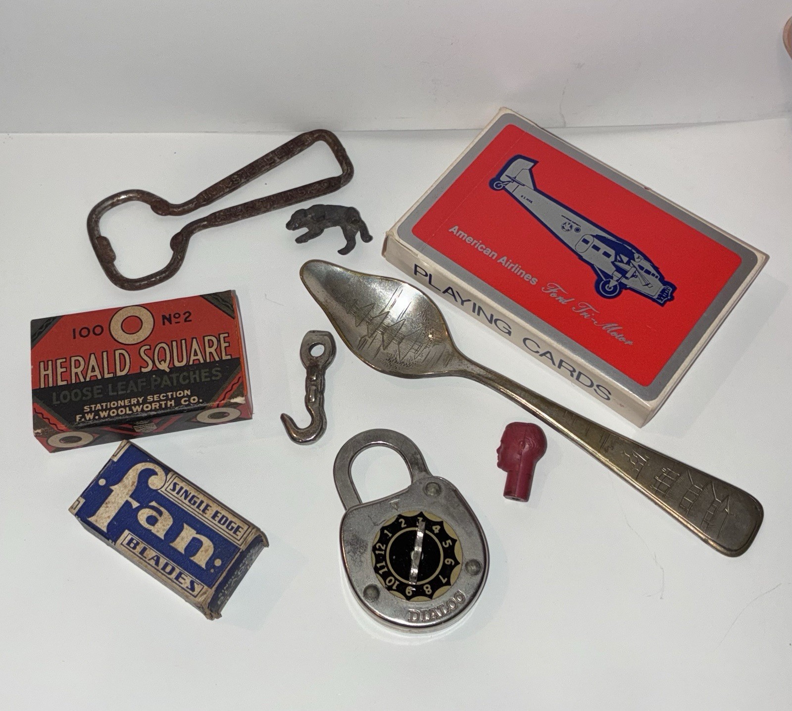 Vintage Mixed Grab Bag Junk Drawer Lot.. Can Opener, Cards, Spoon, Lock..etc