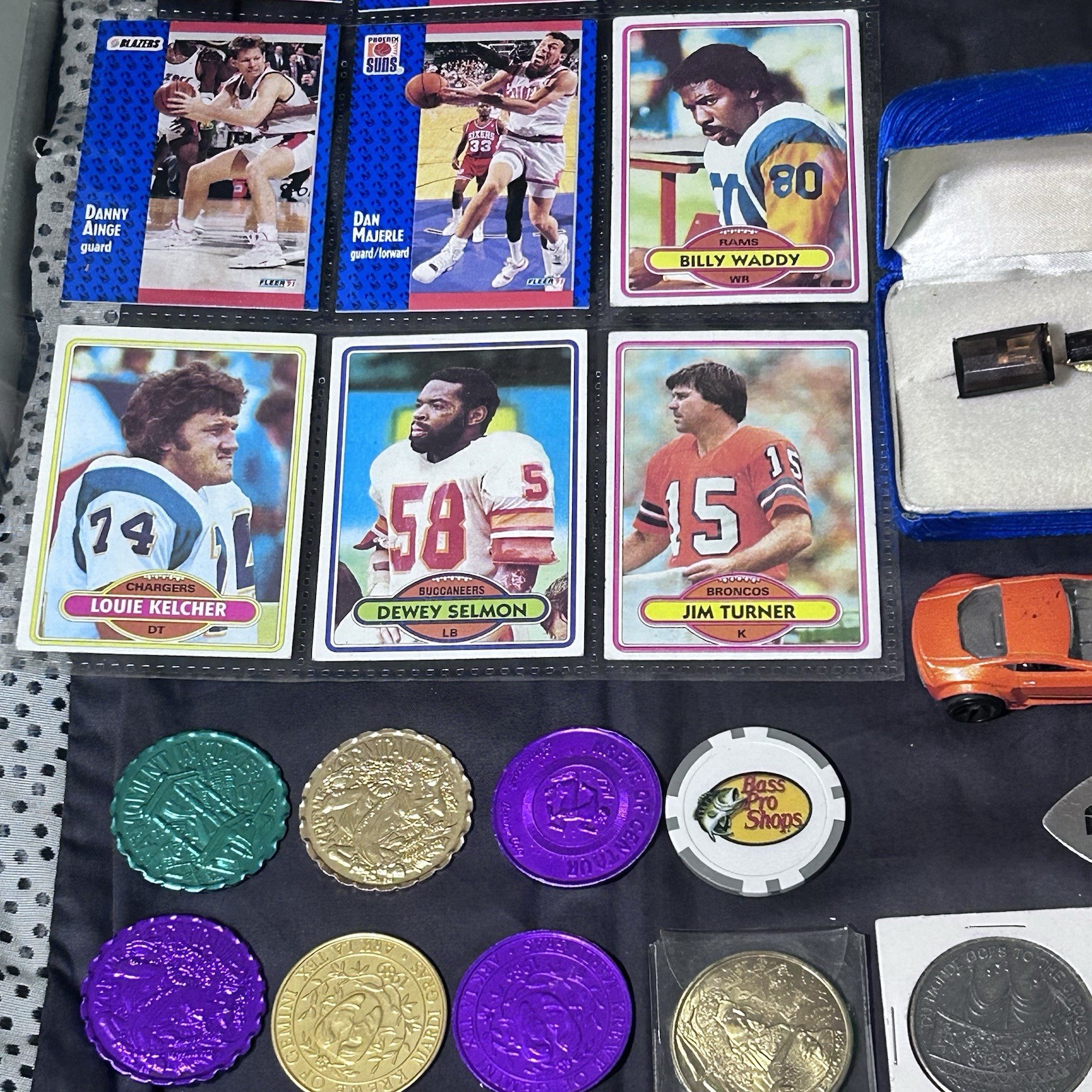 Vintage Junk Drawer Lot Sports Cards Coins John Deer Games Golden Retriever Cars
