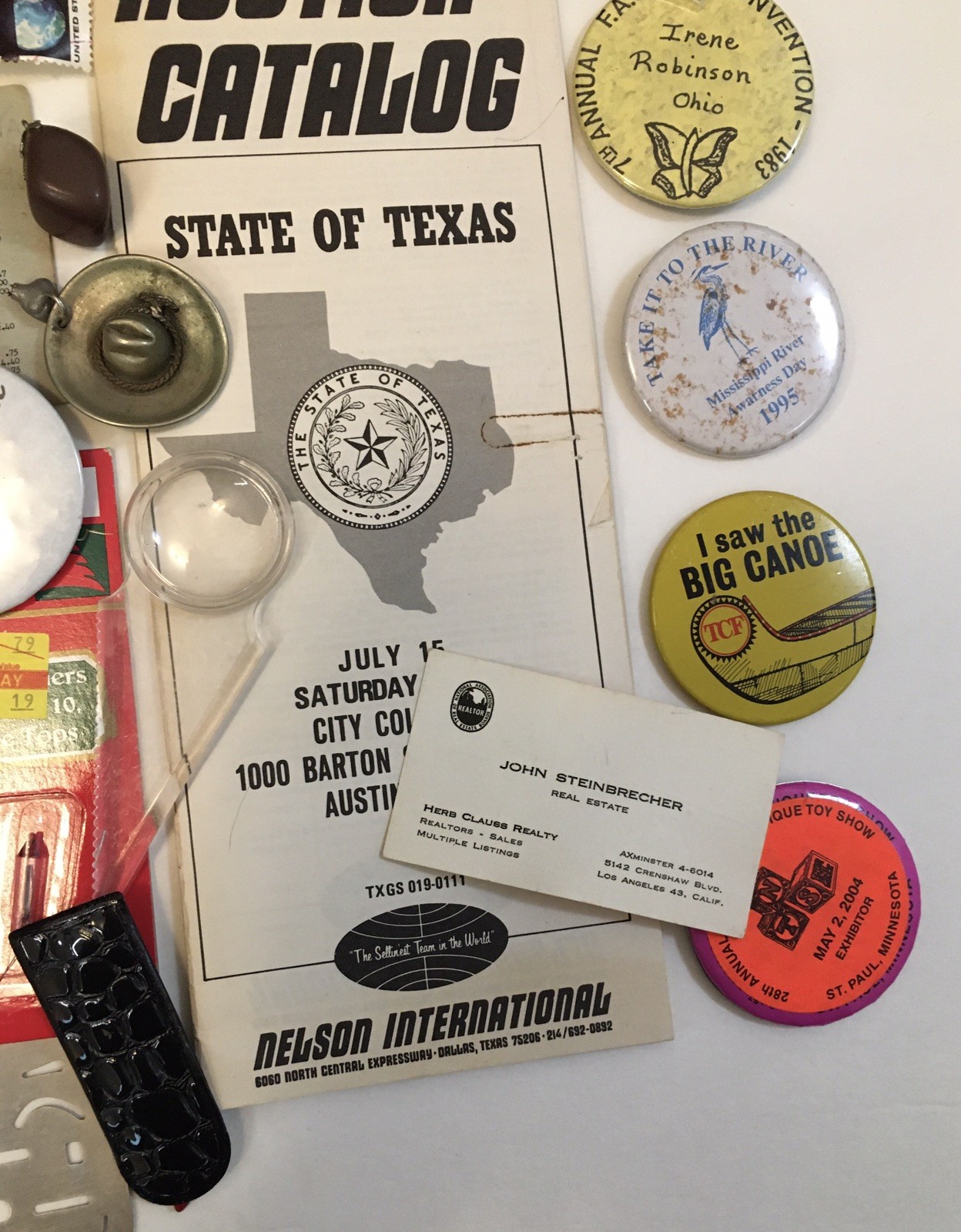 Vintage Junk Drawer Lot Ephemera Pinback Buttons Texas Auction Catalog Songbook