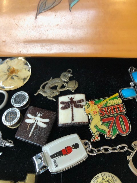 Junk Drawer Lot estate coins keychains pins box keys brass belt buckle stamps