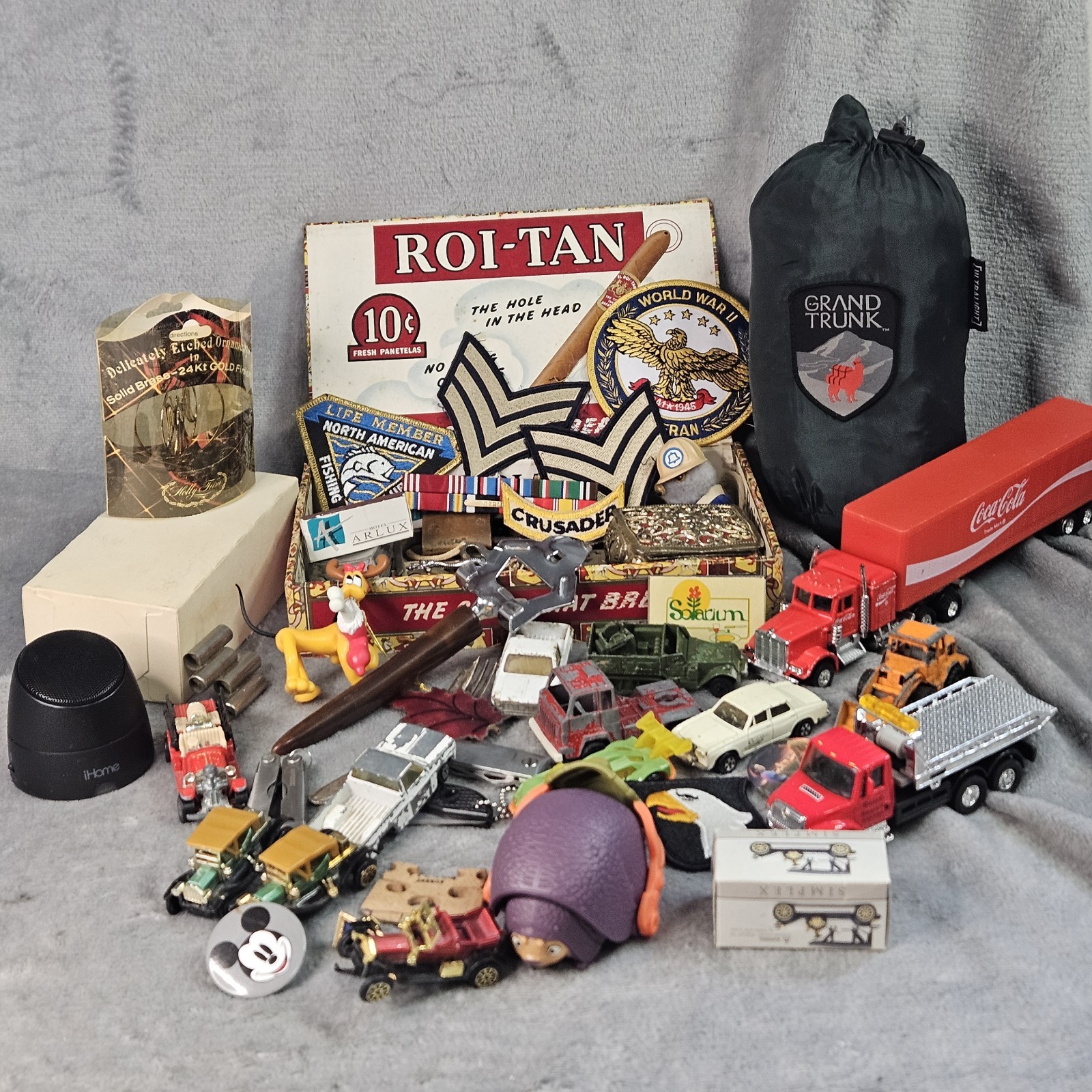 Huge VTG Junk Drawer Lot Skeleton Keys Cigar Box Bakelite Ertl Hammock Cars More