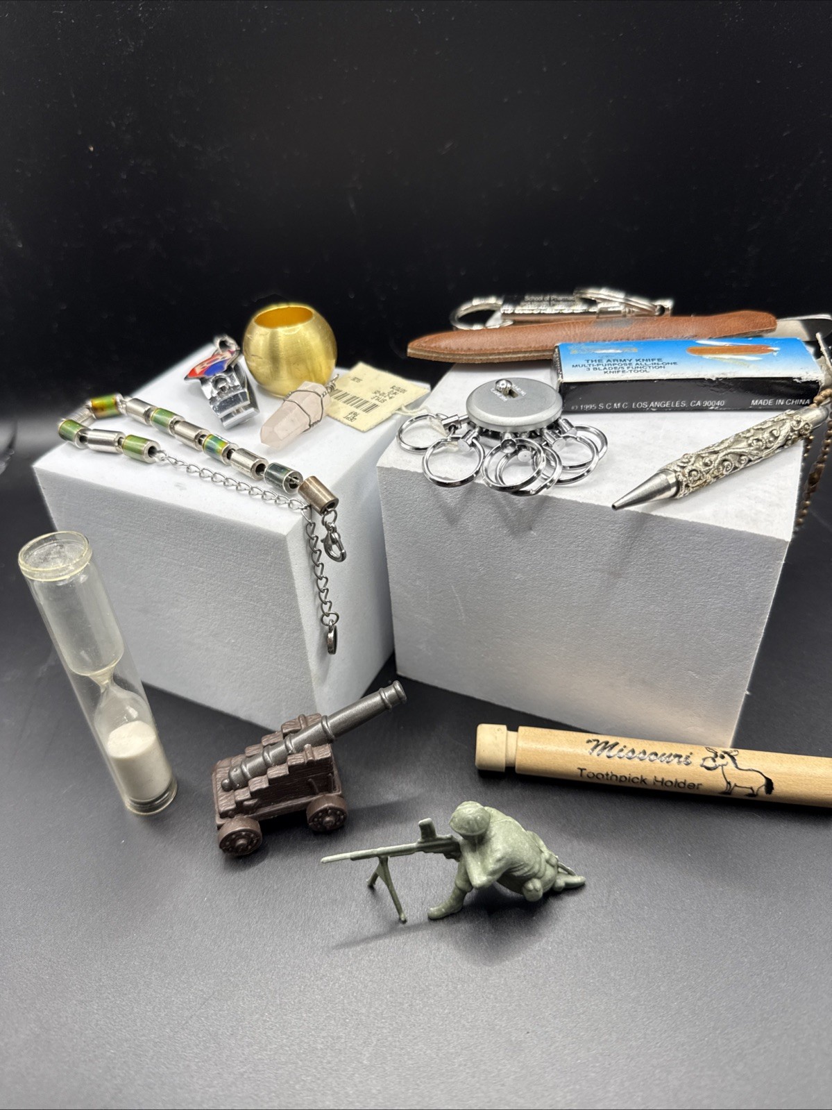 Vintage Grandma’s Junk Drawer Lot Crystal, Bracelet, Knife, Silver Pencil Etc