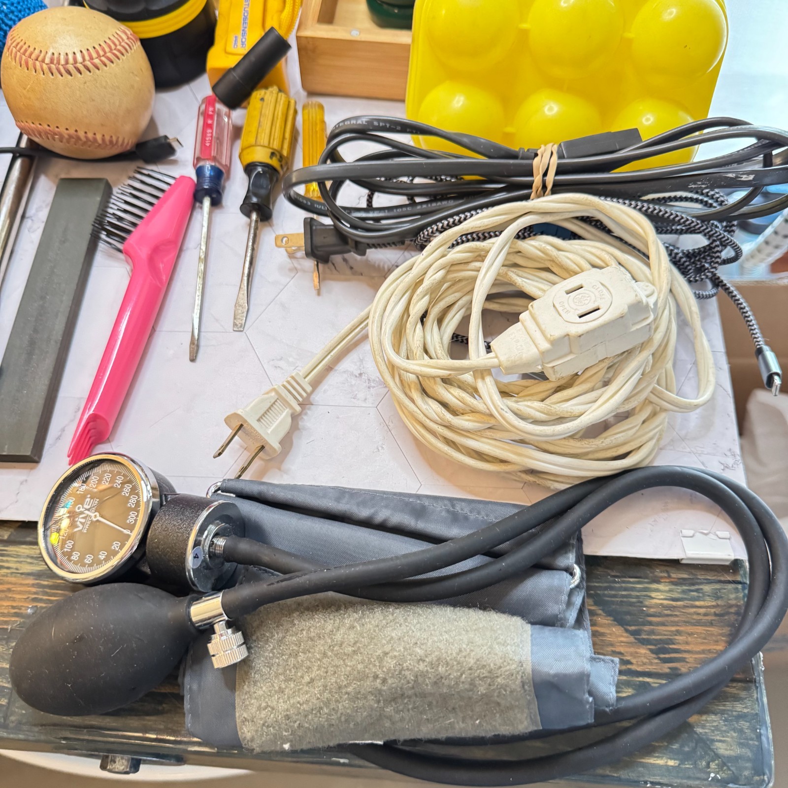 Junk Drawer Lot of 40+ Misc Items Vintage Tools Hat Scale Household Items Etc