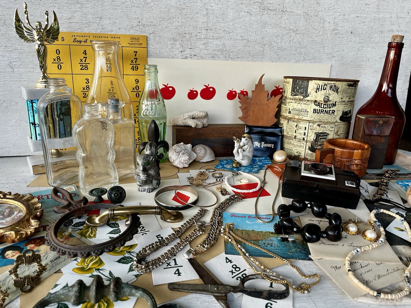Vintage Junk Drawer Lot Postcards Costume Jewelry Medicine Bottles Silver Spoons