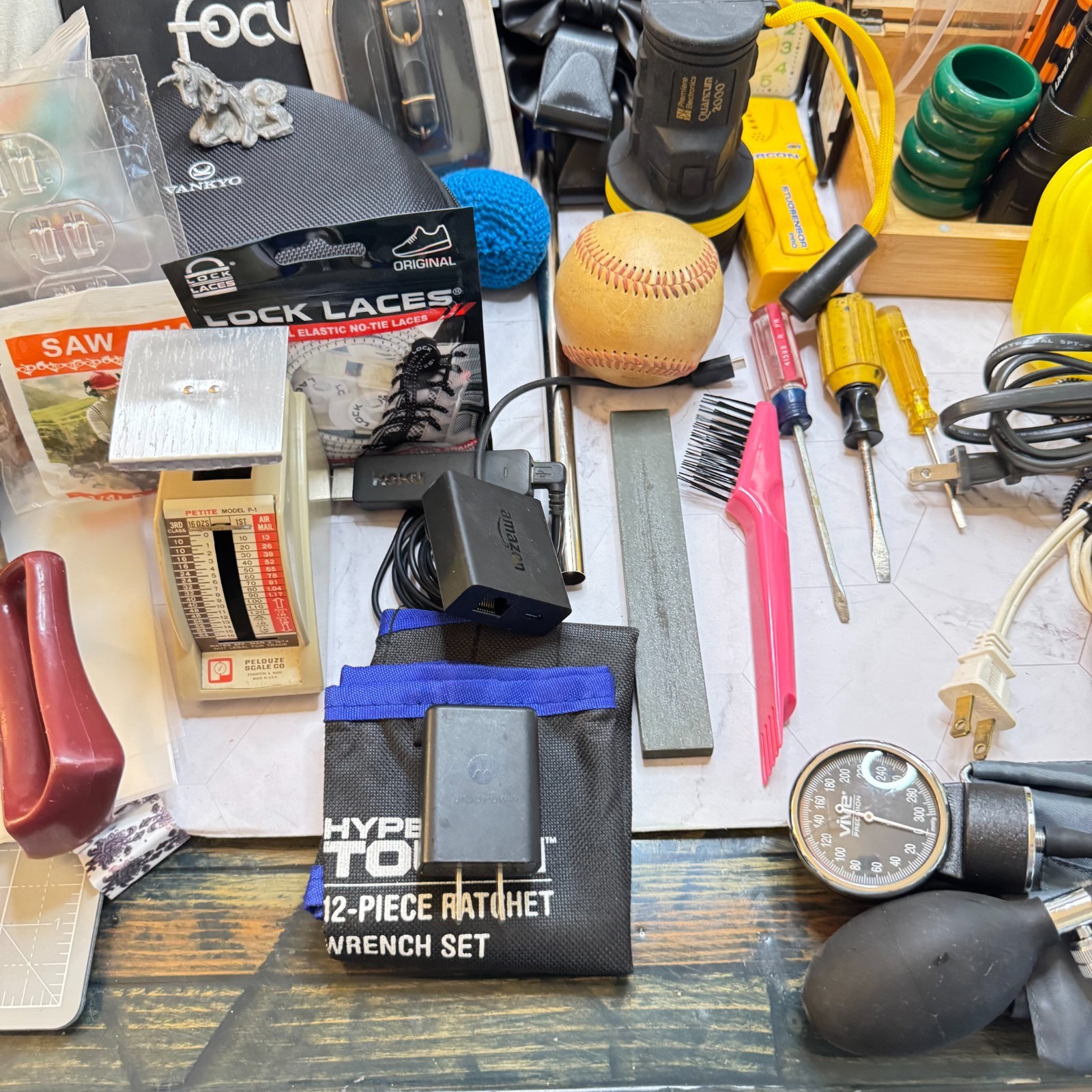Junk Drawer Lot of 40+ Misc Items Vintage Tools Hat Scale Household Items Etc