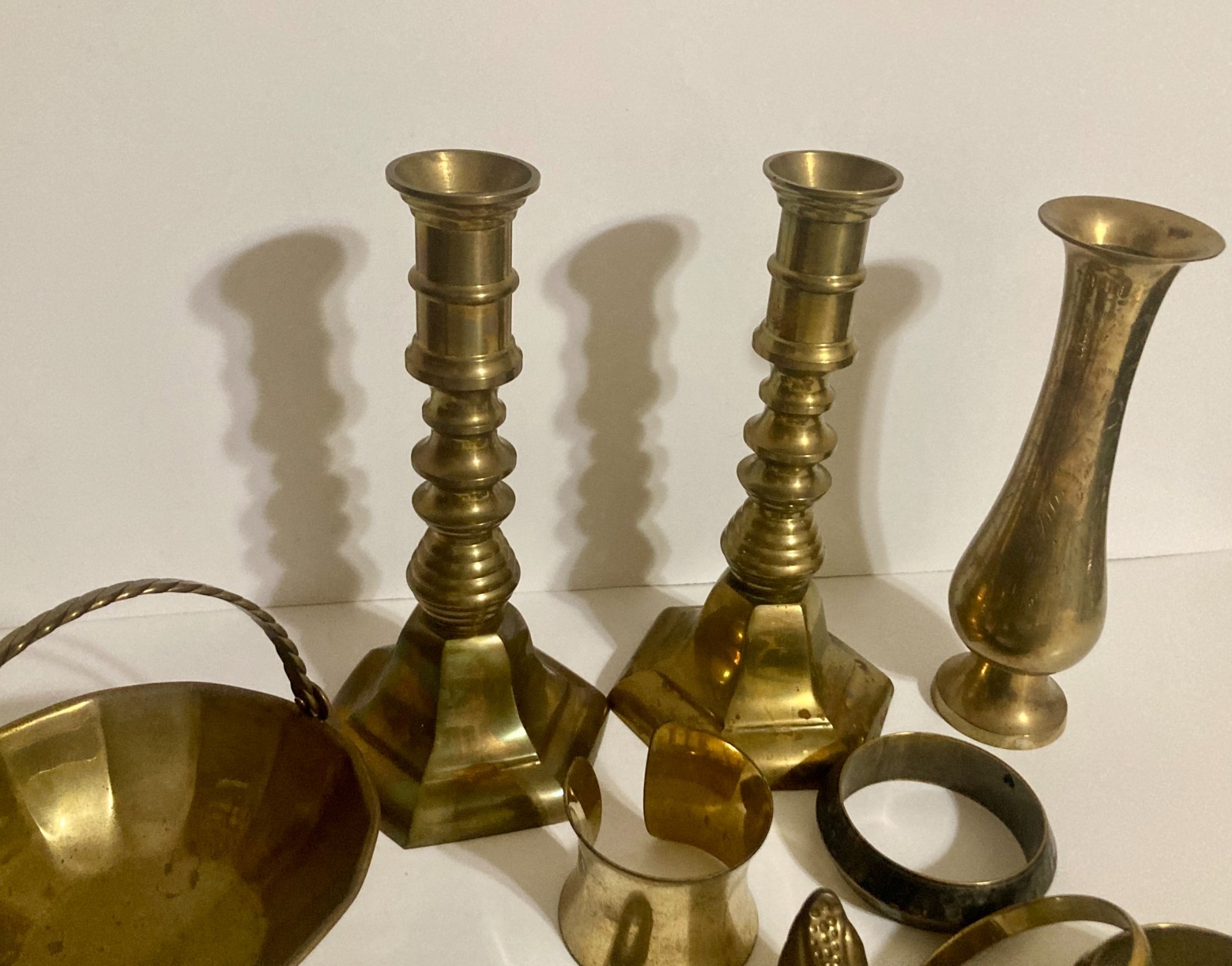 Vintage Junk Drawer Lot Brass- Candlestick Vase Basket Jewelry