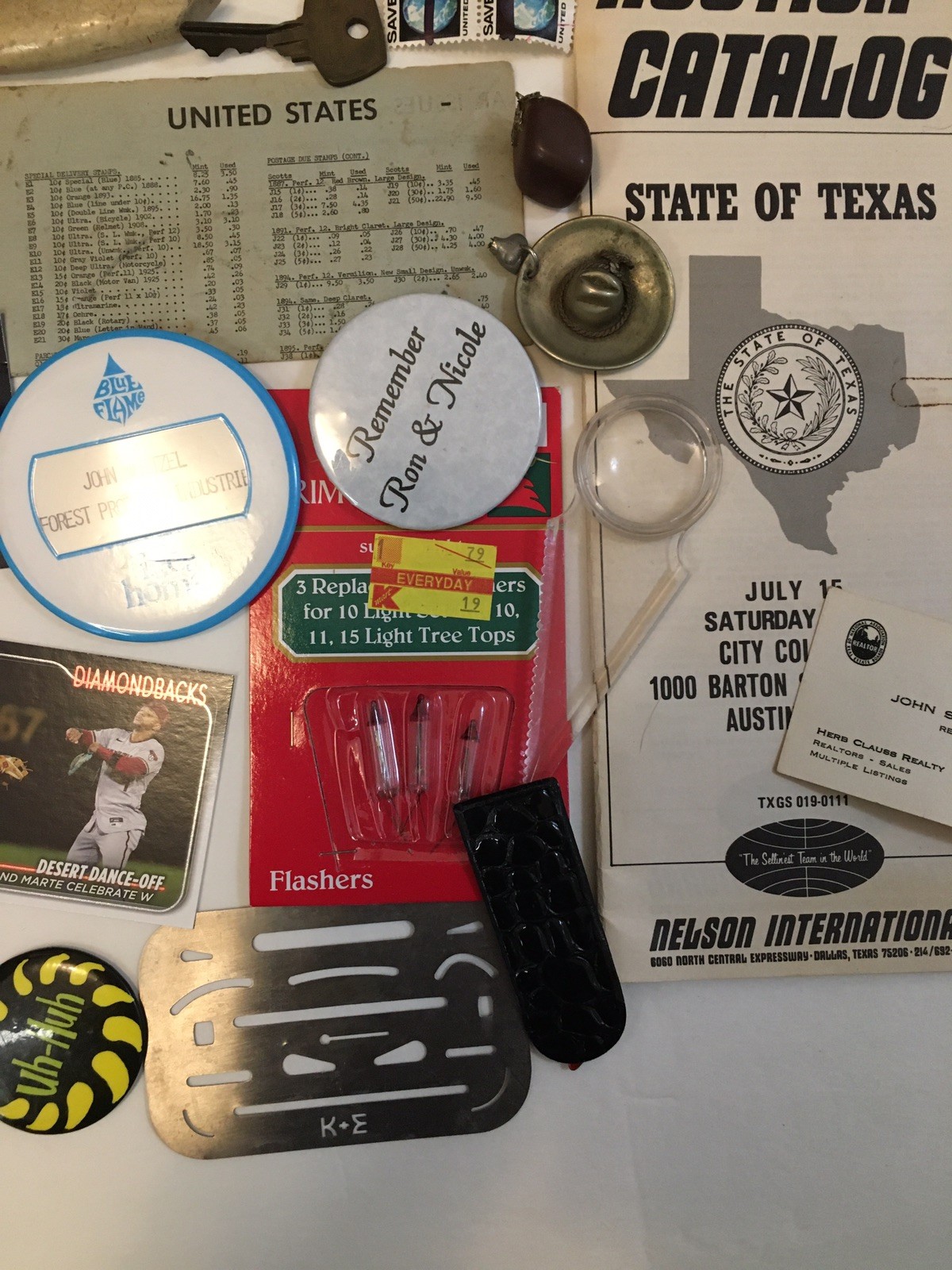 Vintage Junk Drawer Lot Ephemera Pinback Buttons Texas Auction Catalog Songbook