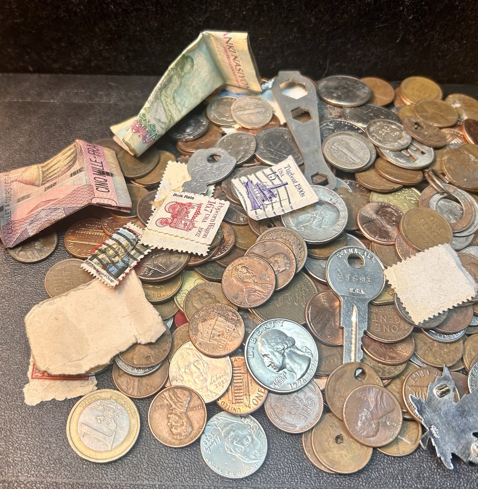 Tin Bank Full Of Coins, Sterling, Stamps, Collectibles Mercury Dimes, Indian 1C