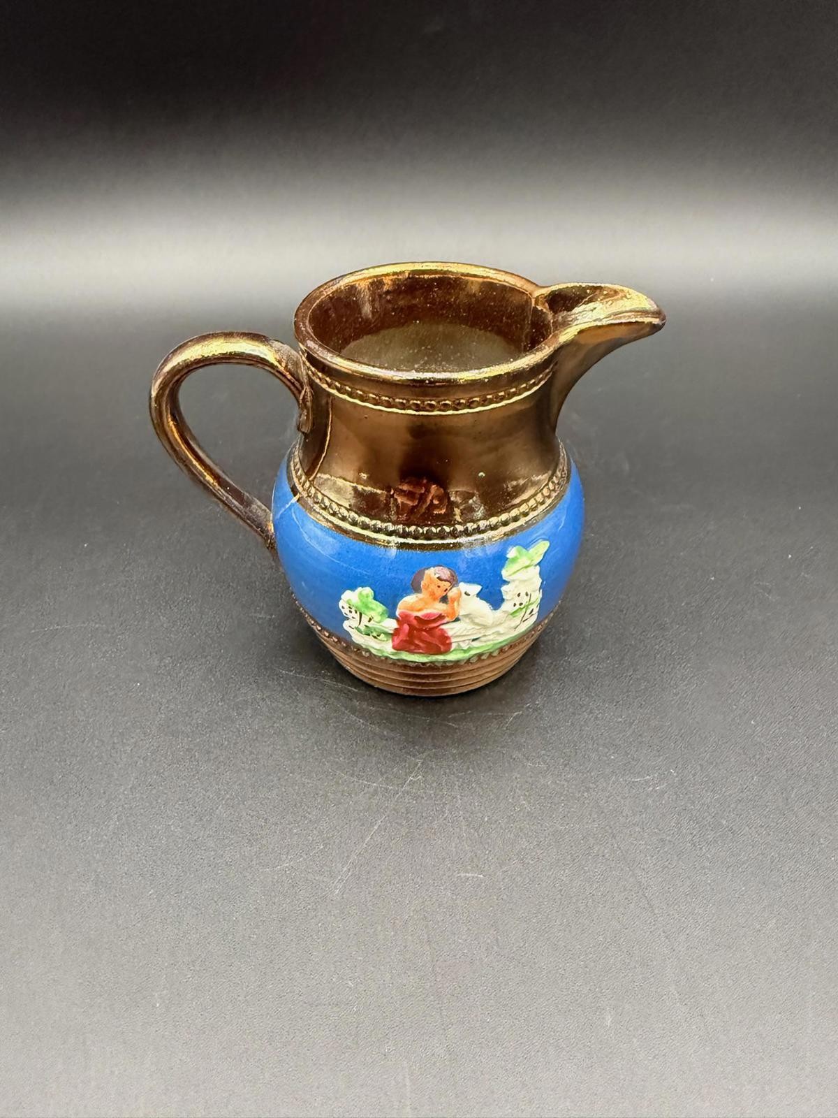 Antique Copper Lustreware Creamer – Girl with White Dog, English Pottery, 4”