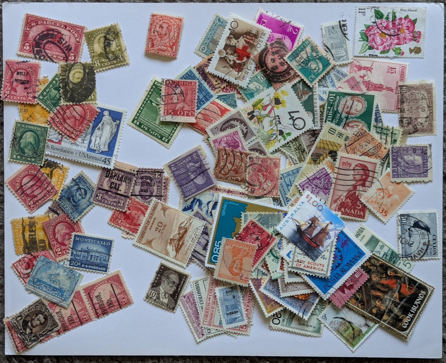 Vintage Junk Drawer Lot. – Stamps . Coins, Tokens. Postcards, Jewelry.