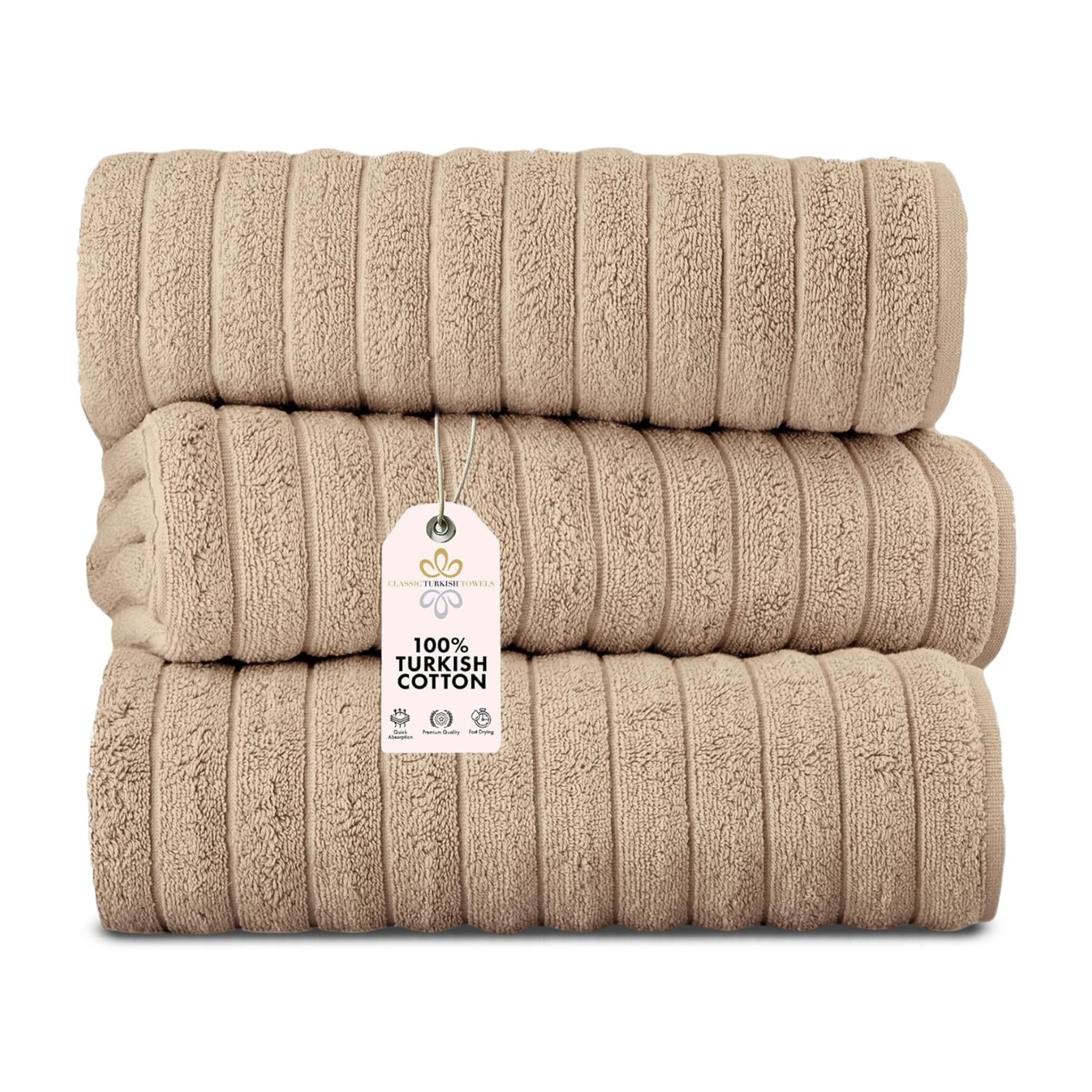 Classic Turkish Towels 3 Piece Jumbo Bath Sheets 100% Cotton 40×65 Almond Beige