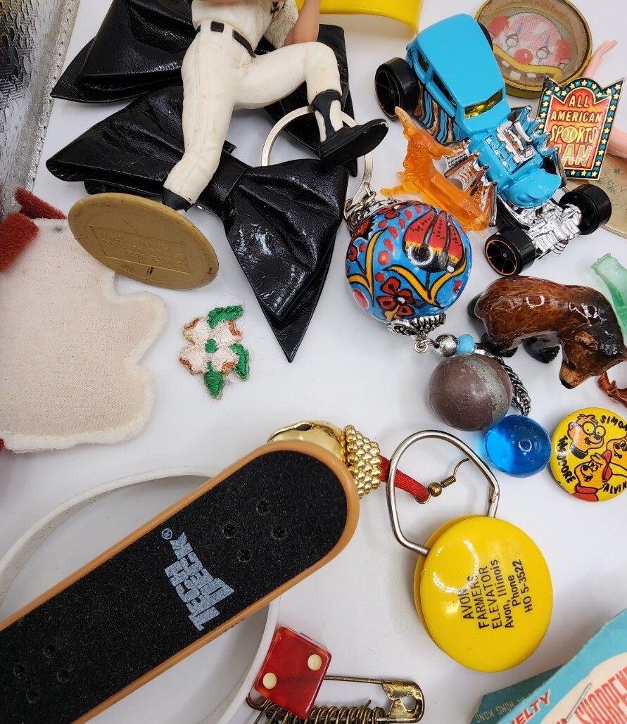 Vintage Antique Junk Drawer Lot Toys Keychain Pin Figurines Mixed Materials