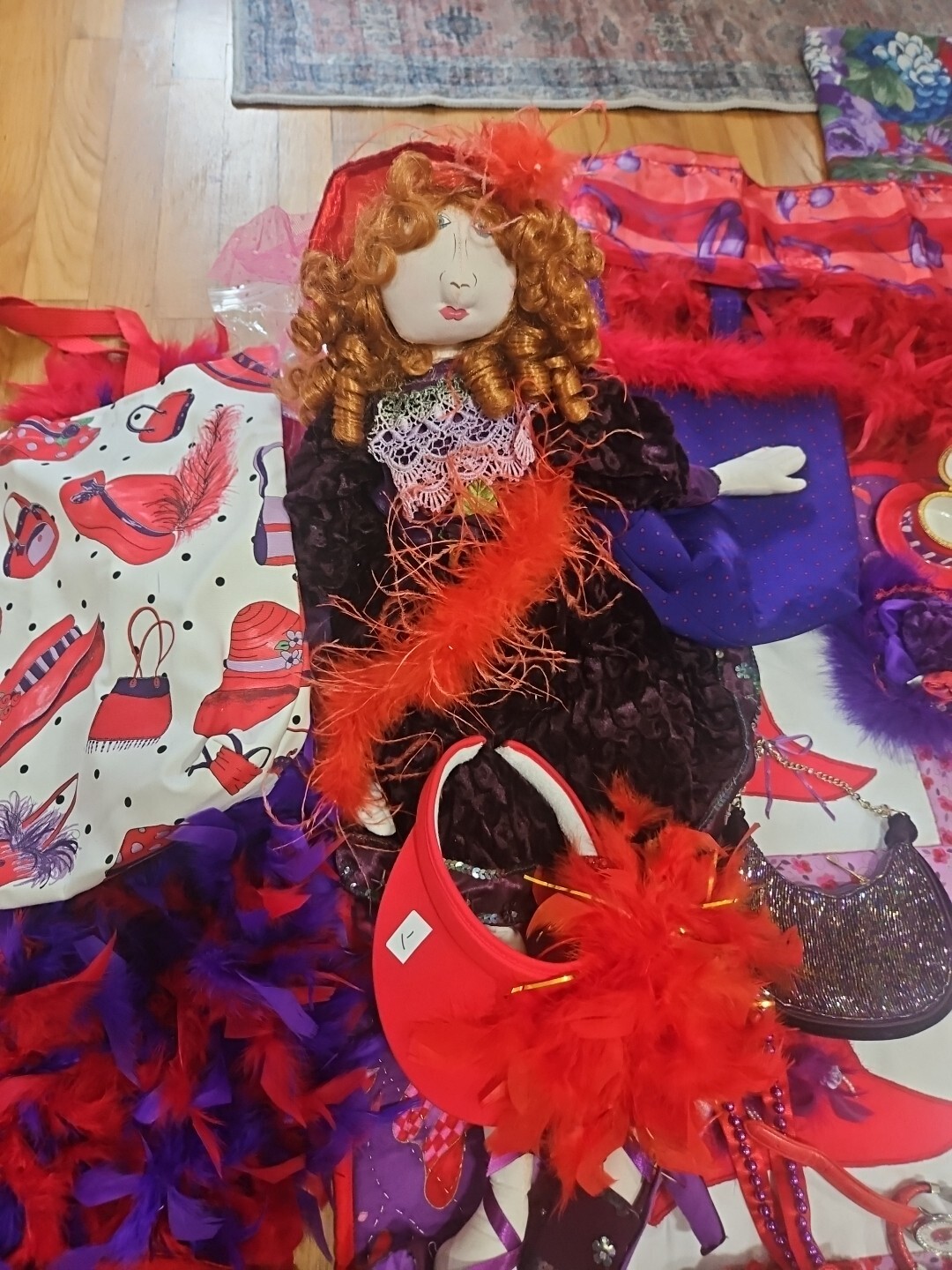 Huge Lot Red Hat Society Jewellry Pins Ornaments Feather Boas Handbags Doll