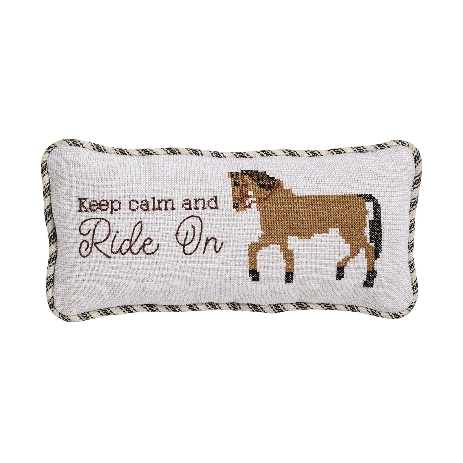 Mud Pie Beige Keep Calm and Ride On Horse Western Needlepoint Small Pillow