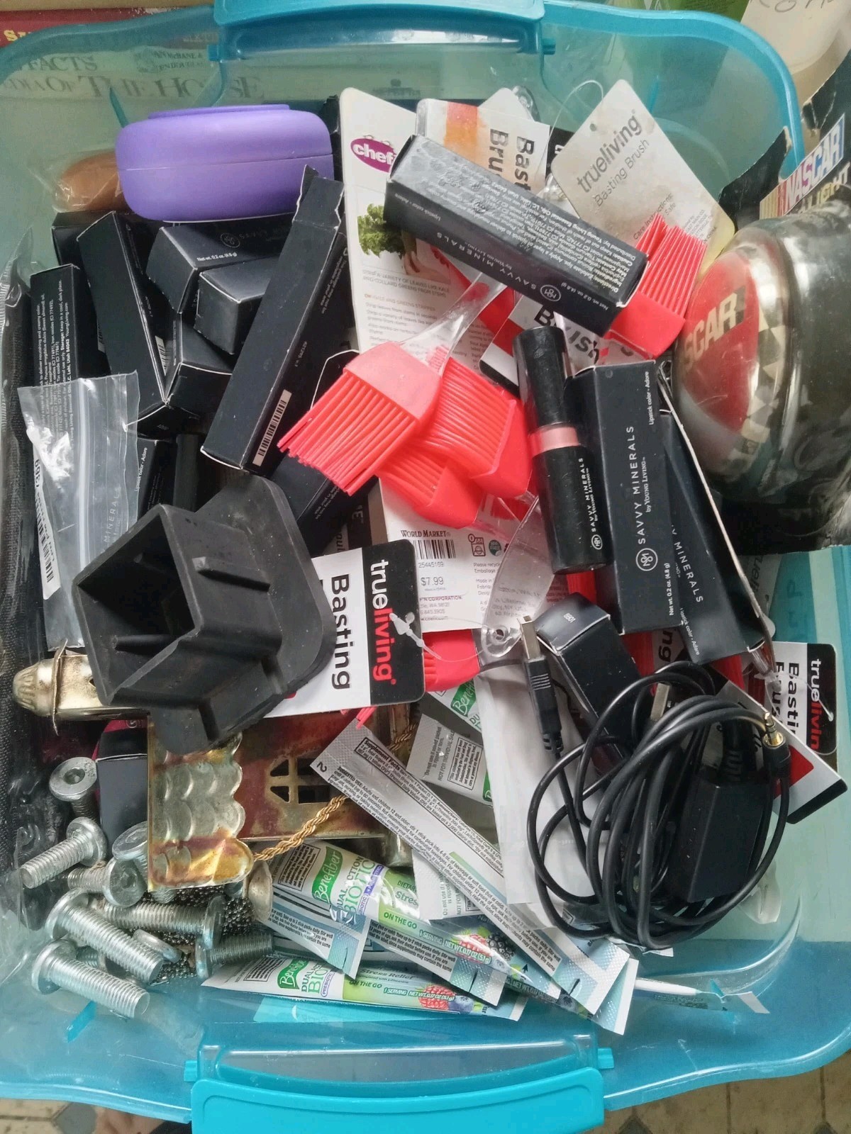 Lot Of Various Small Misc. Junk Drawer Items Box-6in X 6in X 6in SEE DESCRIPTION