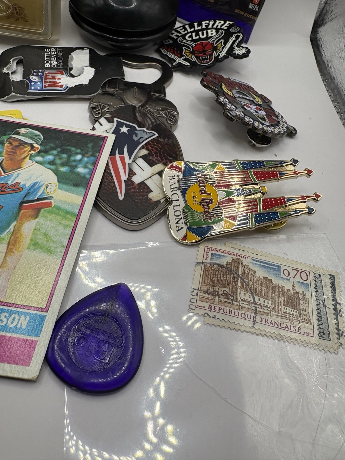 Vintage Junk Drawer Lot Pins Patches Cards Stamps NFL Pokémon Ephemera