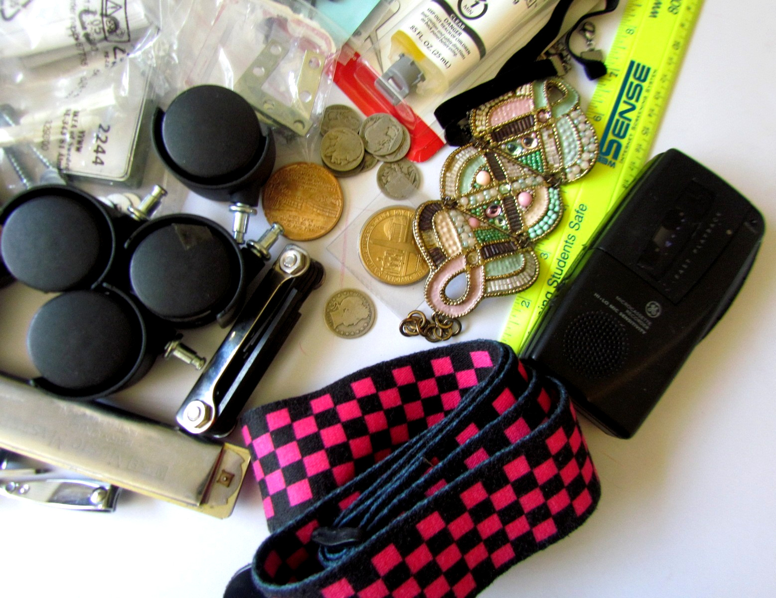 JUNK DRAWER LOT – 4+ lbs. – Coins, Stamps, Guitar Strap, jewelry. harmonica,etc.