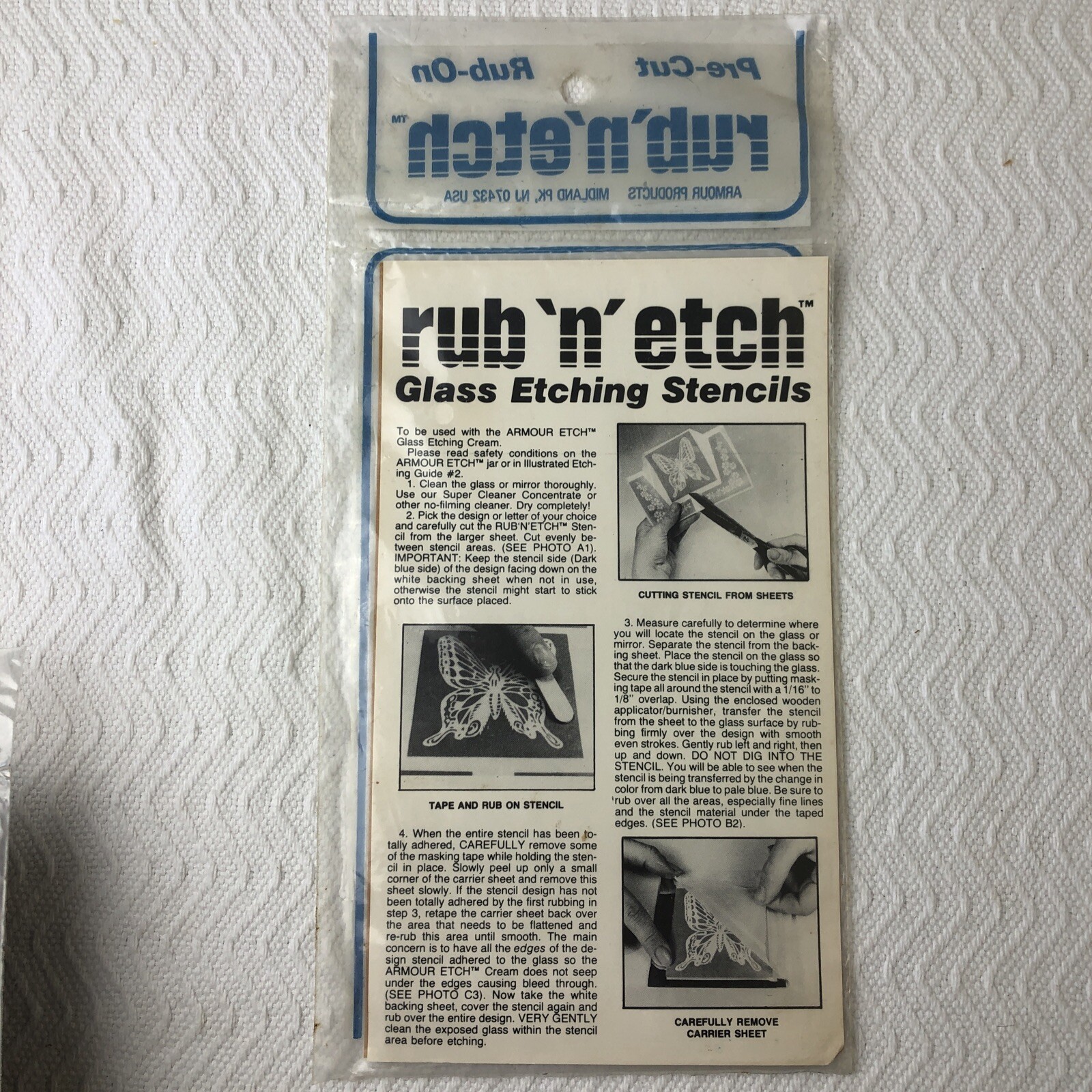 6 Vintage Armour Rub ‘n’ Etch Glass Etching & Fabric Paint Stencils 1980 MIX NOS