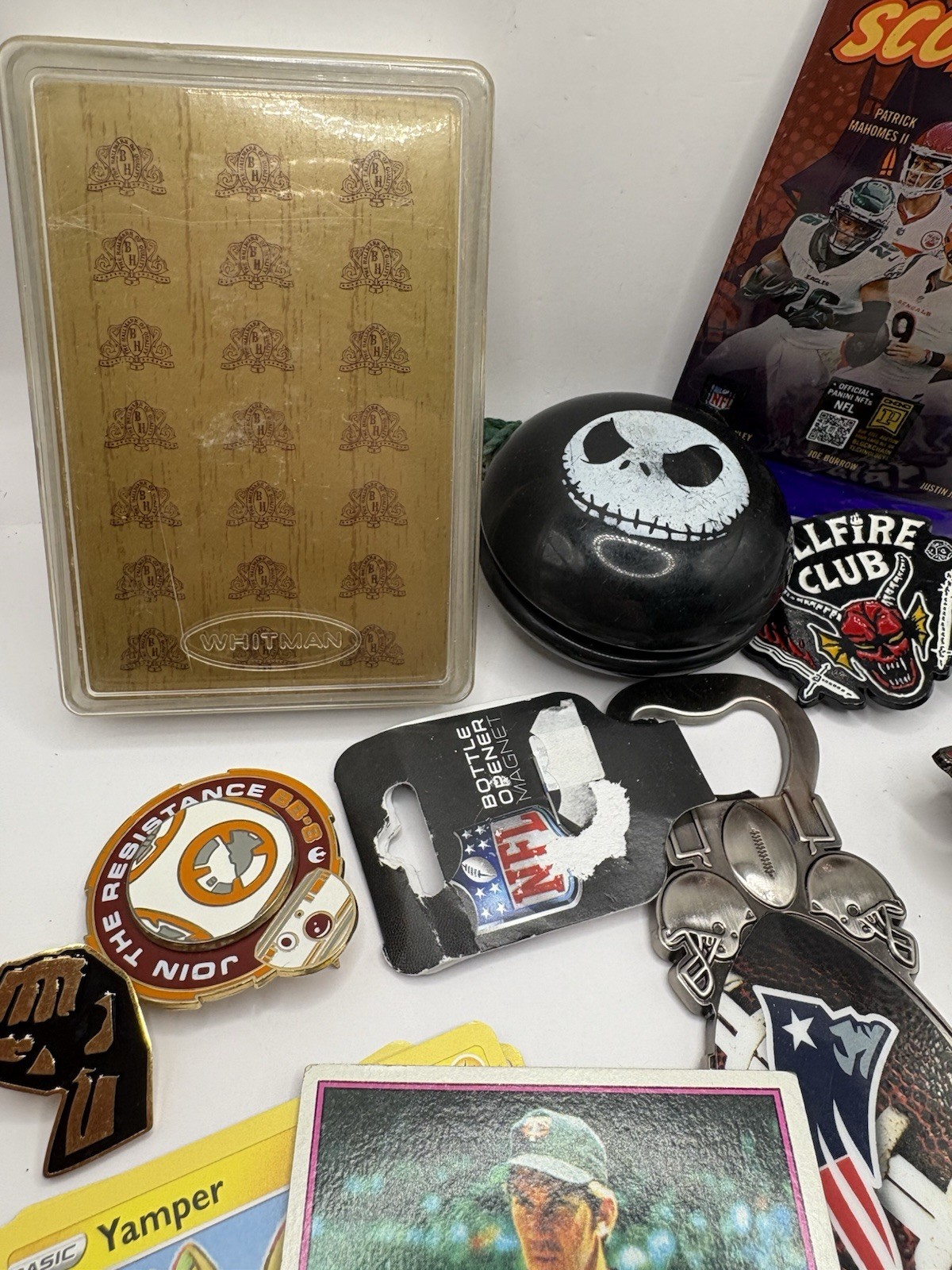 Vintage Junk Drawer Lot Pins Patches Cards Stamps NFL Pokémon Ephemera