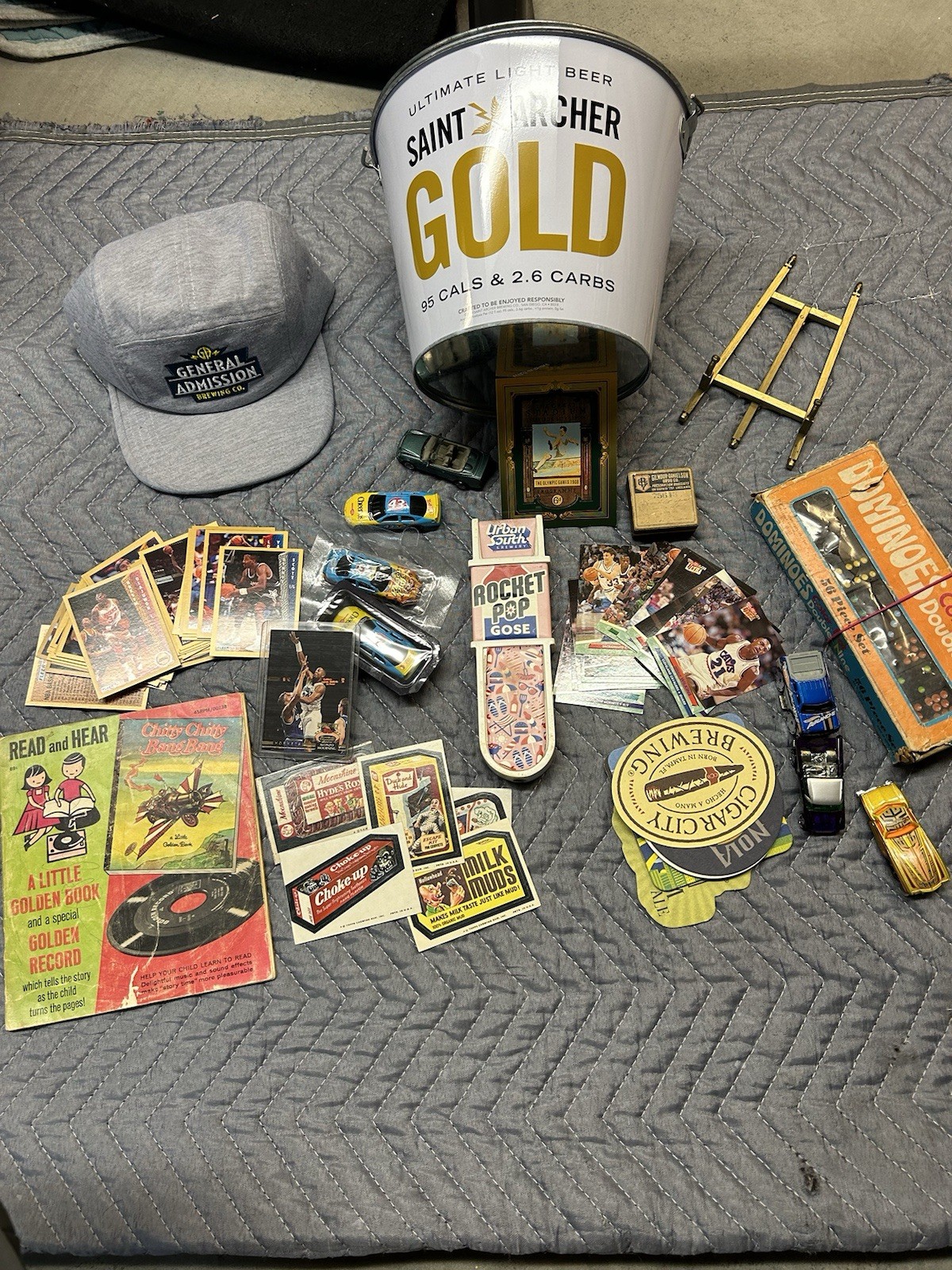 Junk Drawer Lot, Vintage Dominoes, Beer Bucket, Basketball cards, Brewery hat