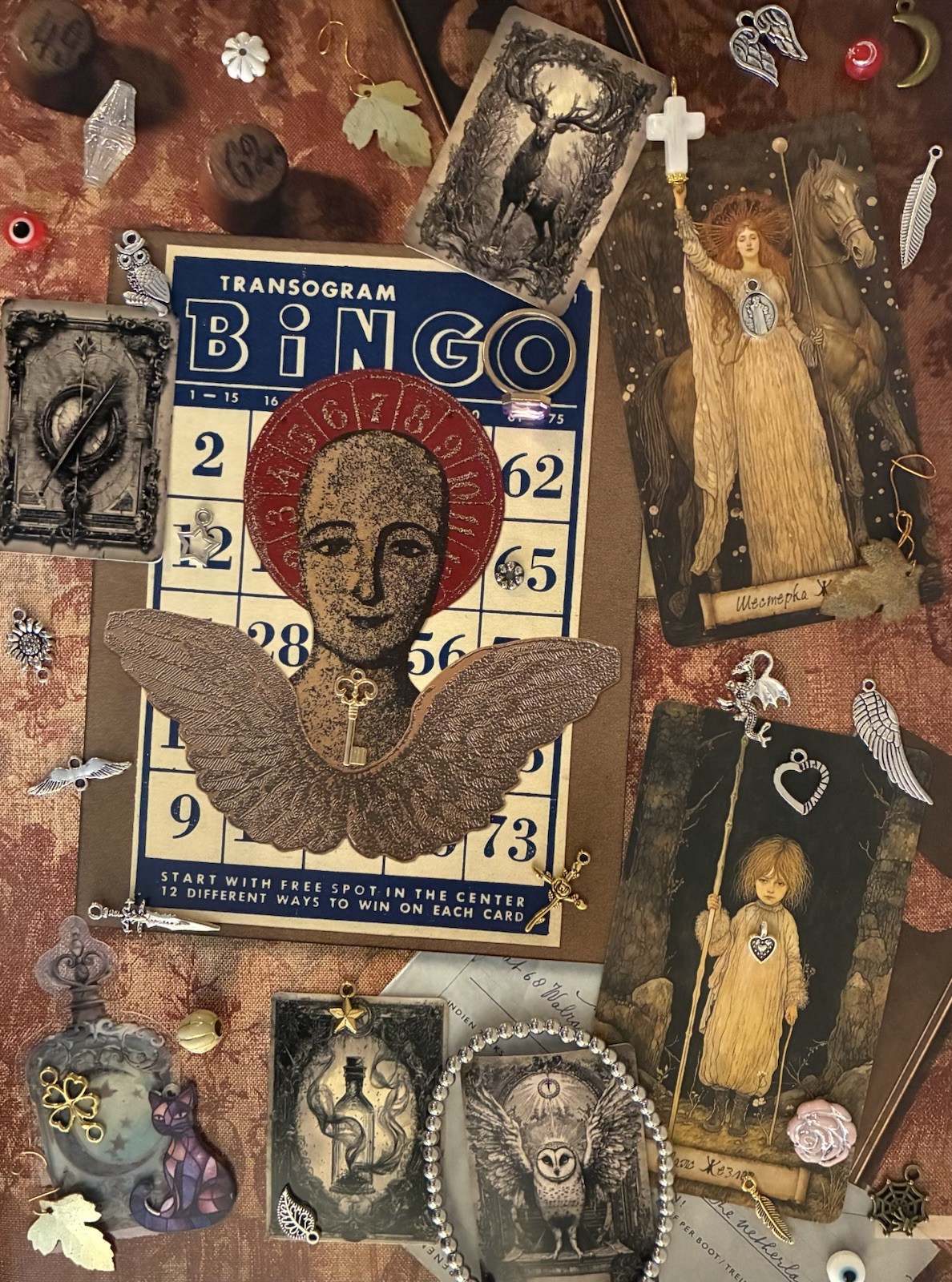 3 Junk Drawer Mixed Media Collage Art Lots Angel Charms Beads Ephemera Stickers