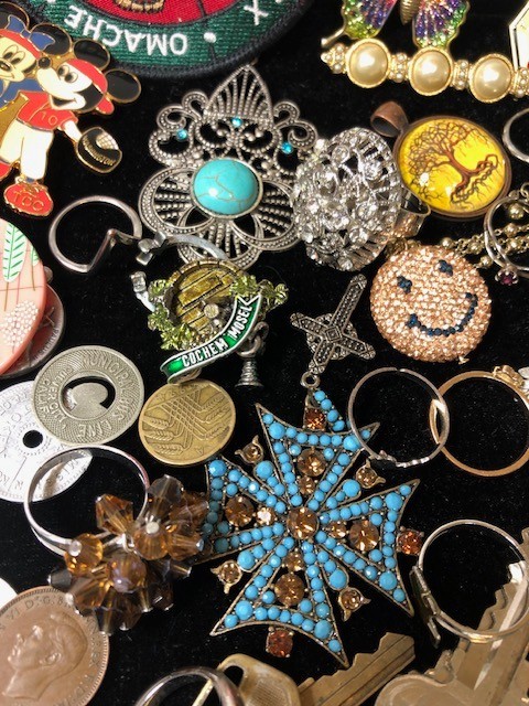 Junk Drawer Lot estate coins pins silverplated stopper keys pendant brooch rings