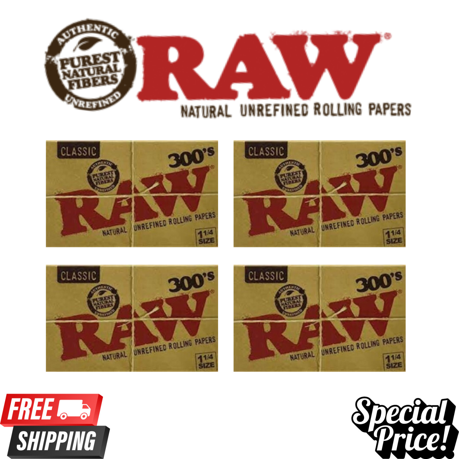 RAW Classic 300s 1 1/4 Rolling Papers | 300 Leaves Per Pack Official RAW 4 Pack