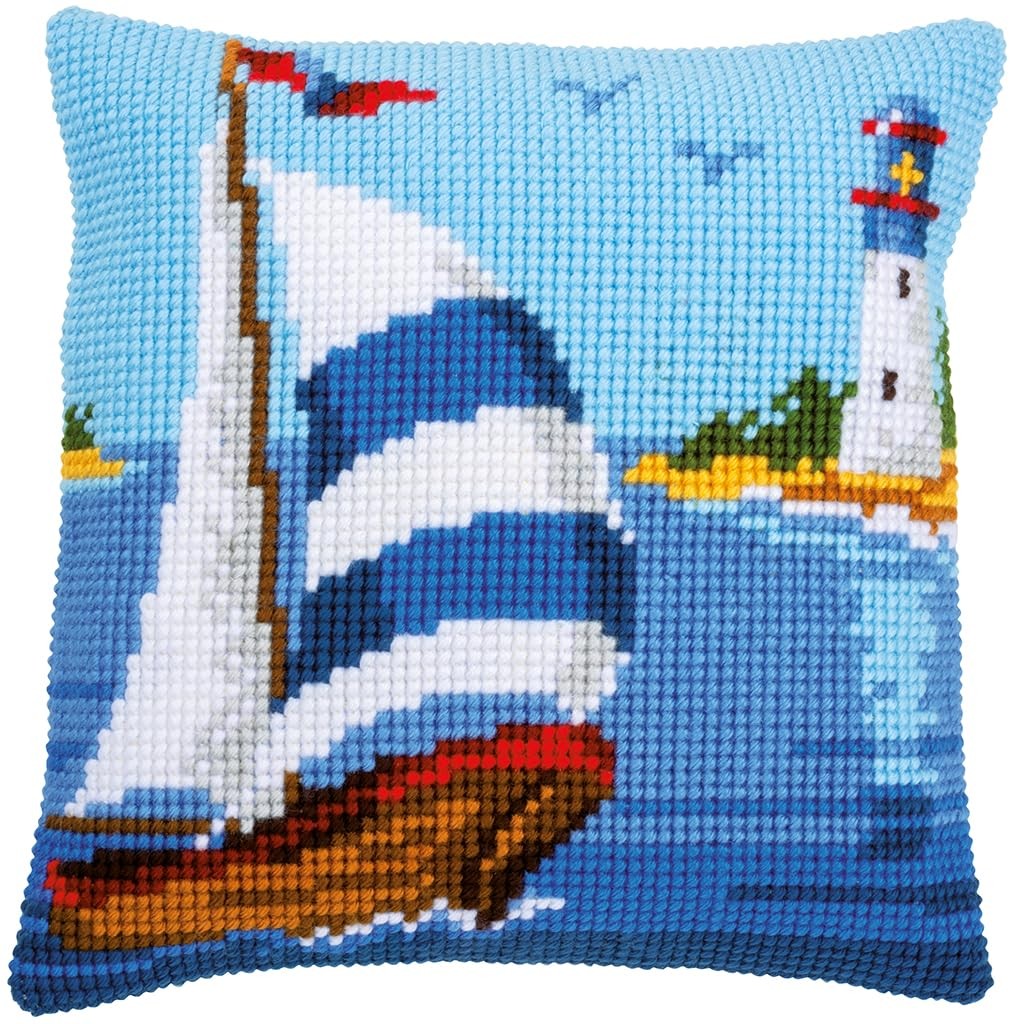 Vervaco Sailboat Cross Stitch Pillow Front Kit, 15.75″ x 15.75″, Cotton Canvas