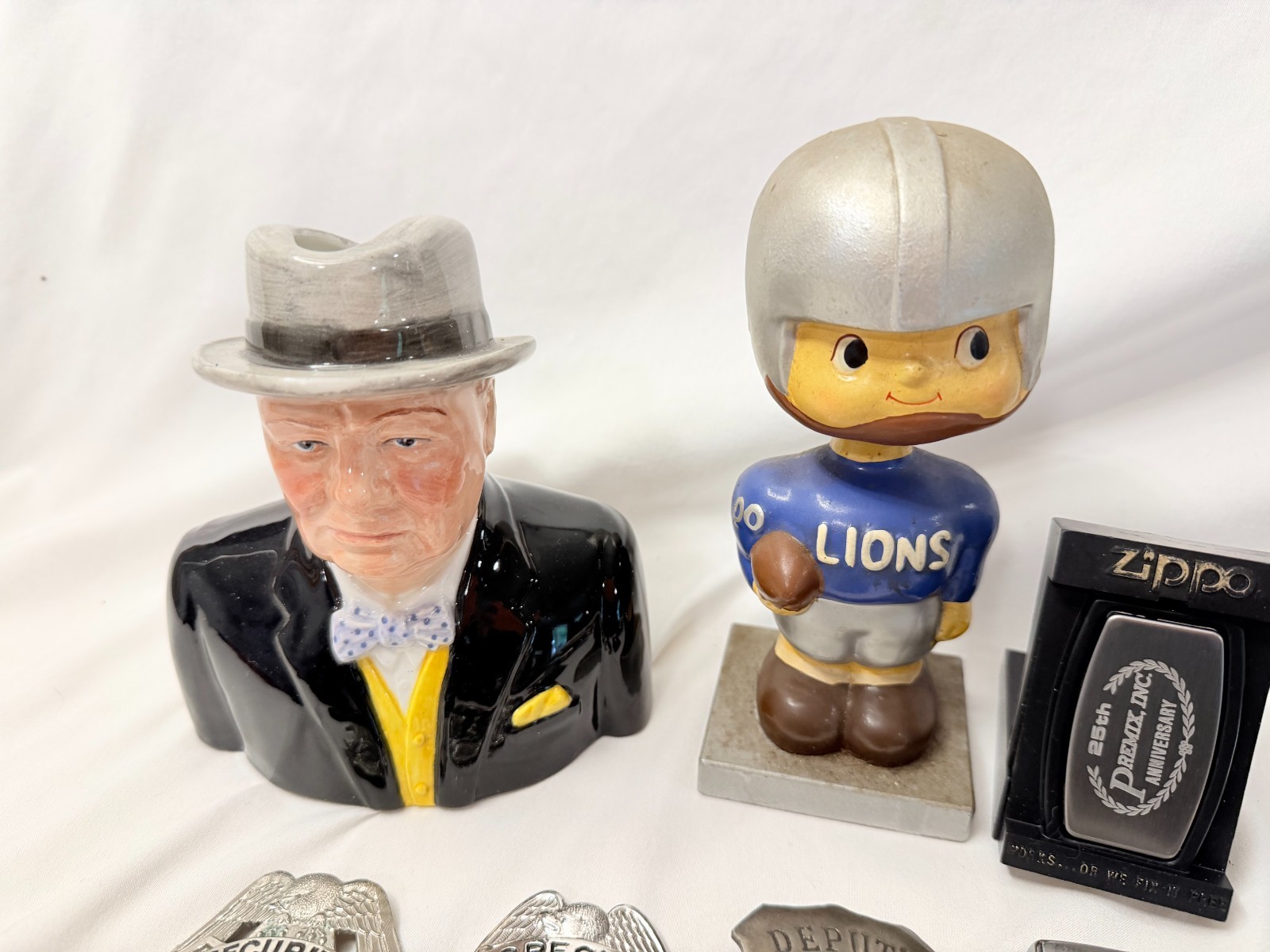 Collectible LOT Zippo Lions Bobblehead Churchill Vintage Glasses Patches Pen